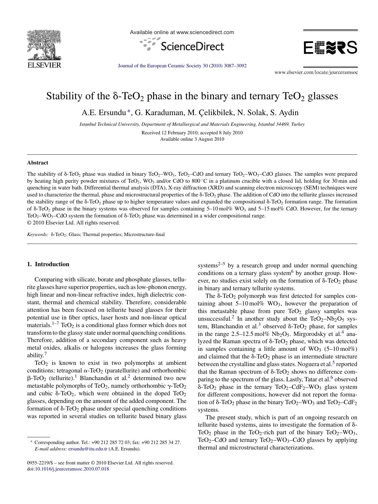 Stability of the ÃÂ´-TeO2 phase in the binary and ternary TeO2 glasses by A.E. Ersundu