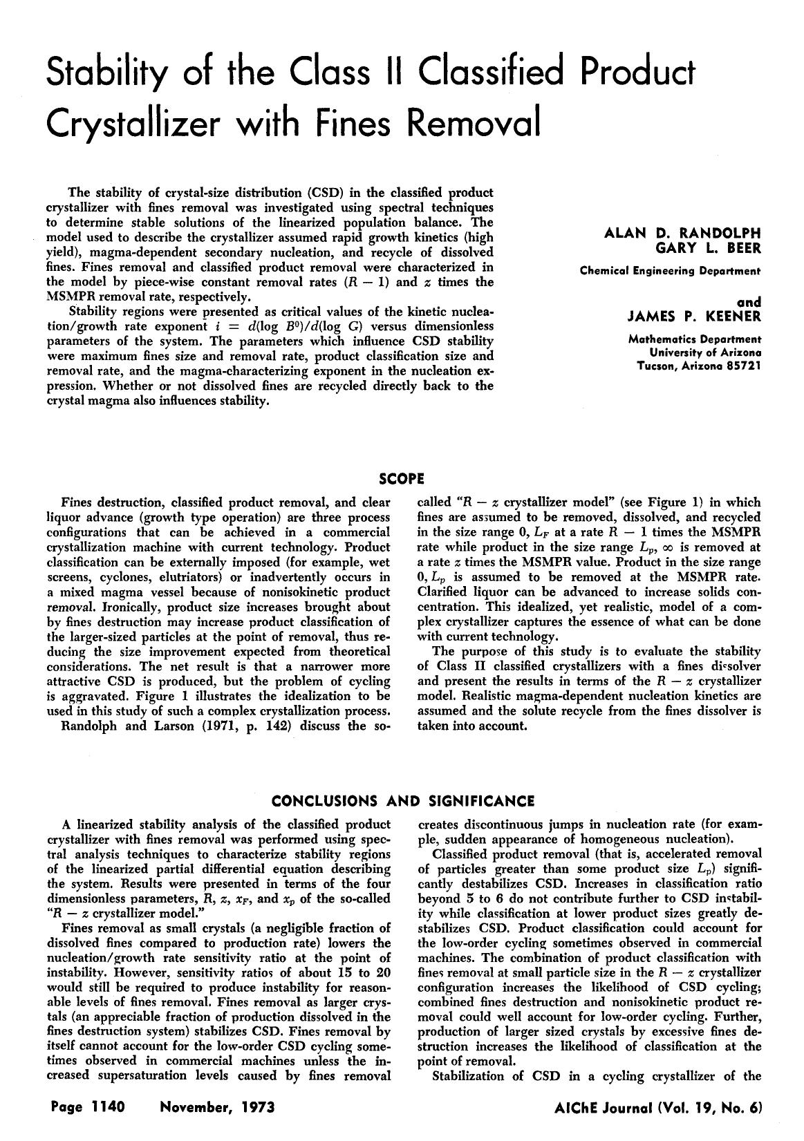 Stability of the class II classified product crystallizer with fines removal by Unknown