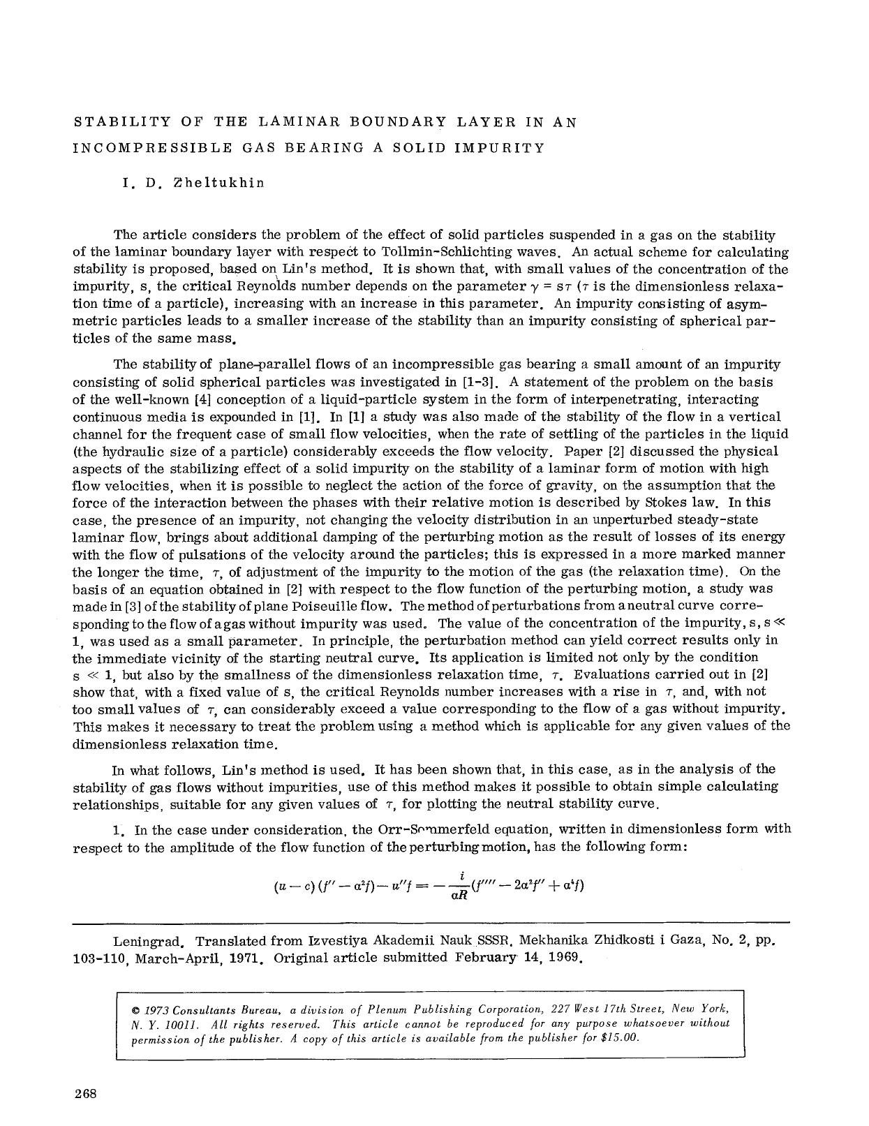 Stability of the laminar boundary layer in an incompressible gas bearing a solid impurity by Unknown
