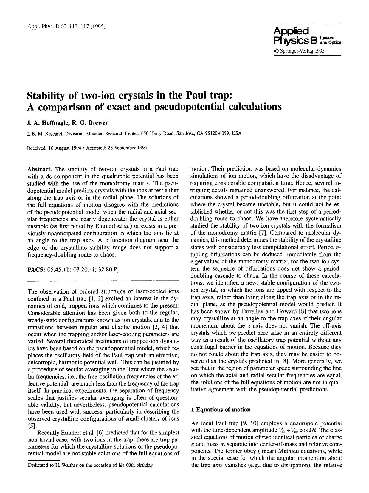 Stability of two-ion crystals in the Paul trap: A comparison of exact and pseudopotential calculations by Unknown