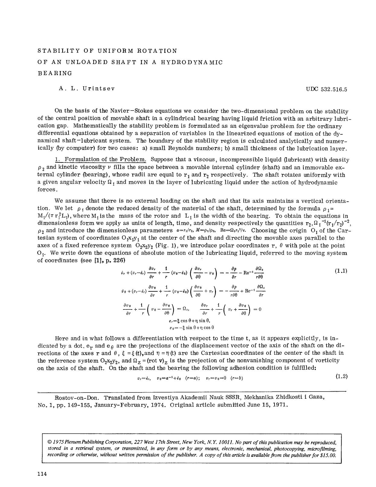 Stability of uniform rotation of an unloaded shaft in a hydrodynamic bearing by Unknown