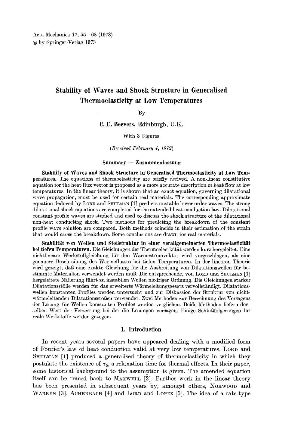 Stability of waves and shock structure in generalised thermoelasticity at low temperatures by Unknown