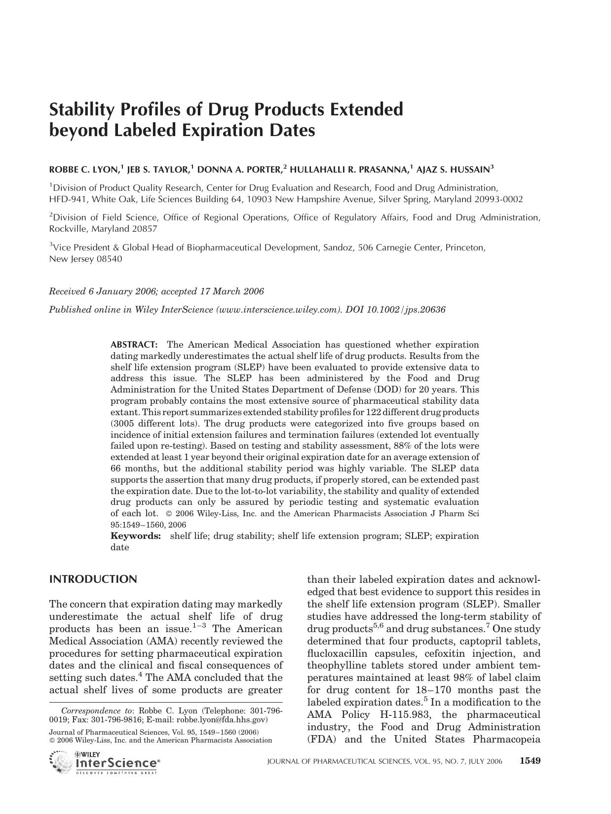 Stability profiles of drug products extended beyond labeled expiration dates by Unknown