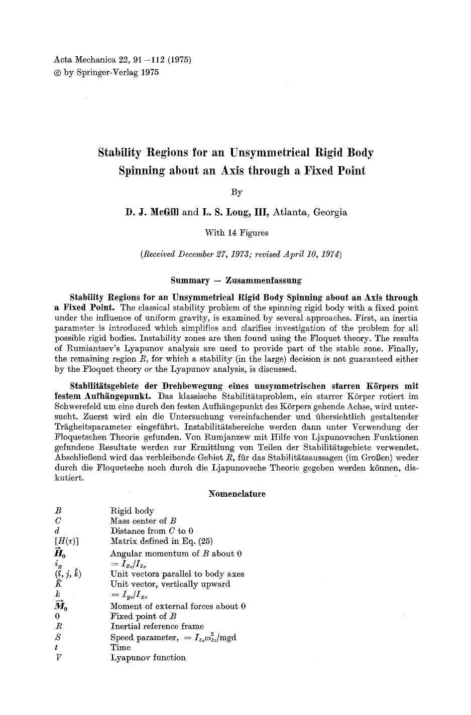 Stability regions for an unsymmetrical rigid body spinning about an axis through a fixed point by Unknown