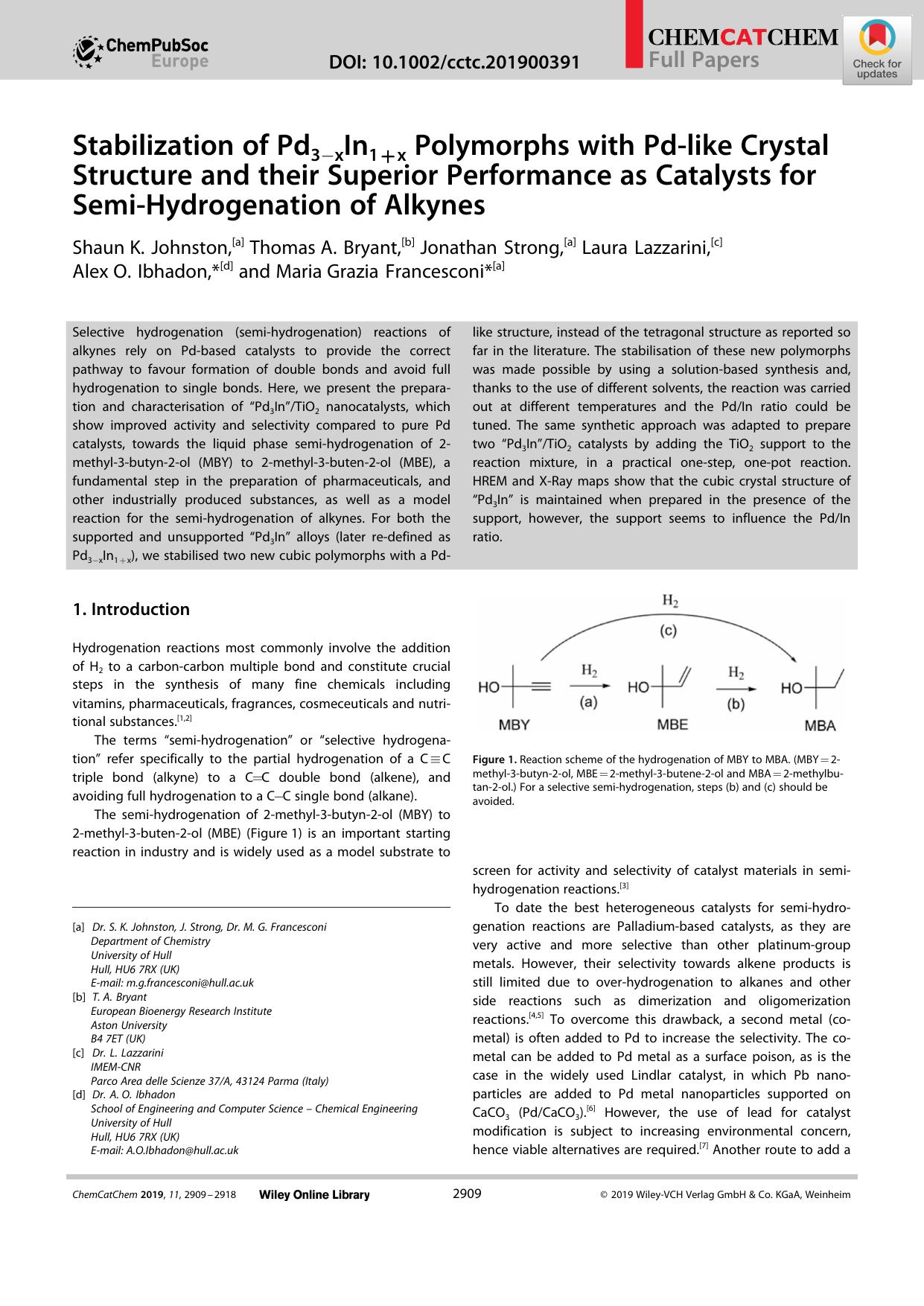 Stabilization of Pd3âxIn1+x Polymorphs with Pdâlike Crystal Structure and their Superior Performance as Catalysts for SemiâHydrogenation of Alkynes by Unknown