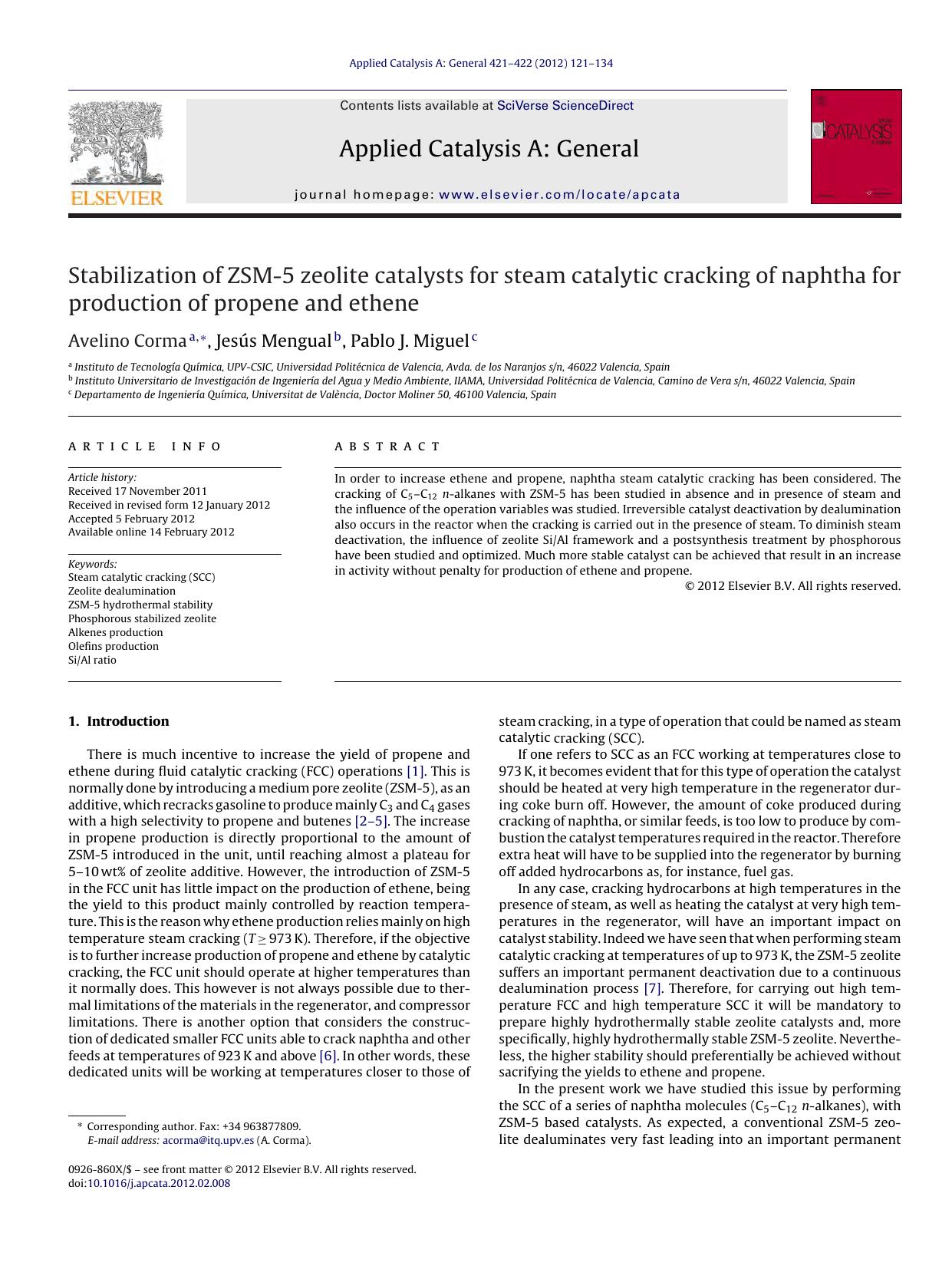 Stabilization of ZSM-5 zeolite catalysts for steam catalytic cracking of naphtha for production of propene and ethene by Avelino Corma & Jesús Mengual & Pablo J. Miguel