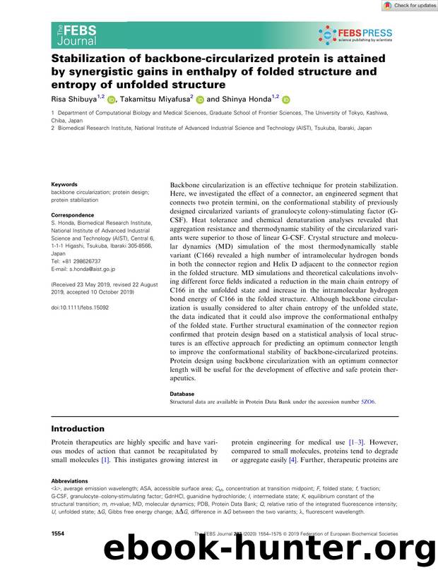Stabilization of backboneâcircularized protein is attained by synergistic gains in enthalpy of folded structure and entropy of unfolded structure by Unknown