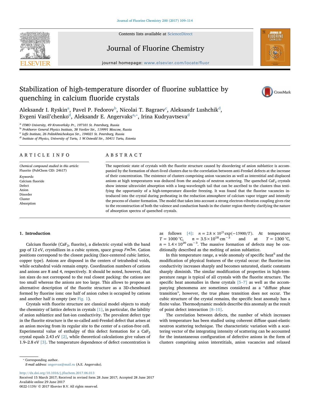 Stabilization of high-temperature disorder of fluorine sublattice by quenching in calcium fluoride crystals by unknow