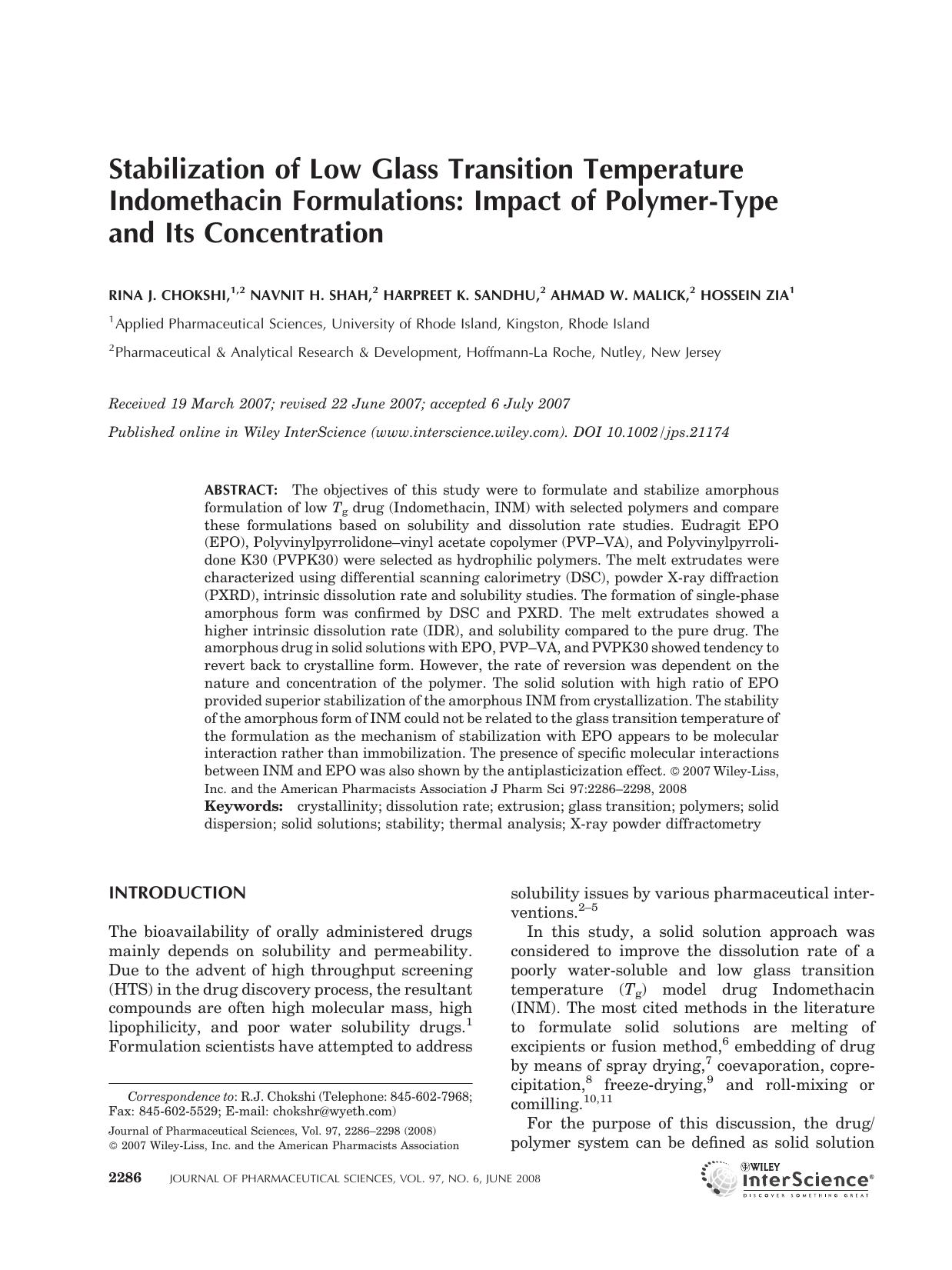 Stabilization of low glass transition temperature indomethacin formulations: Impact of polymer-type and its concentration by Unknown