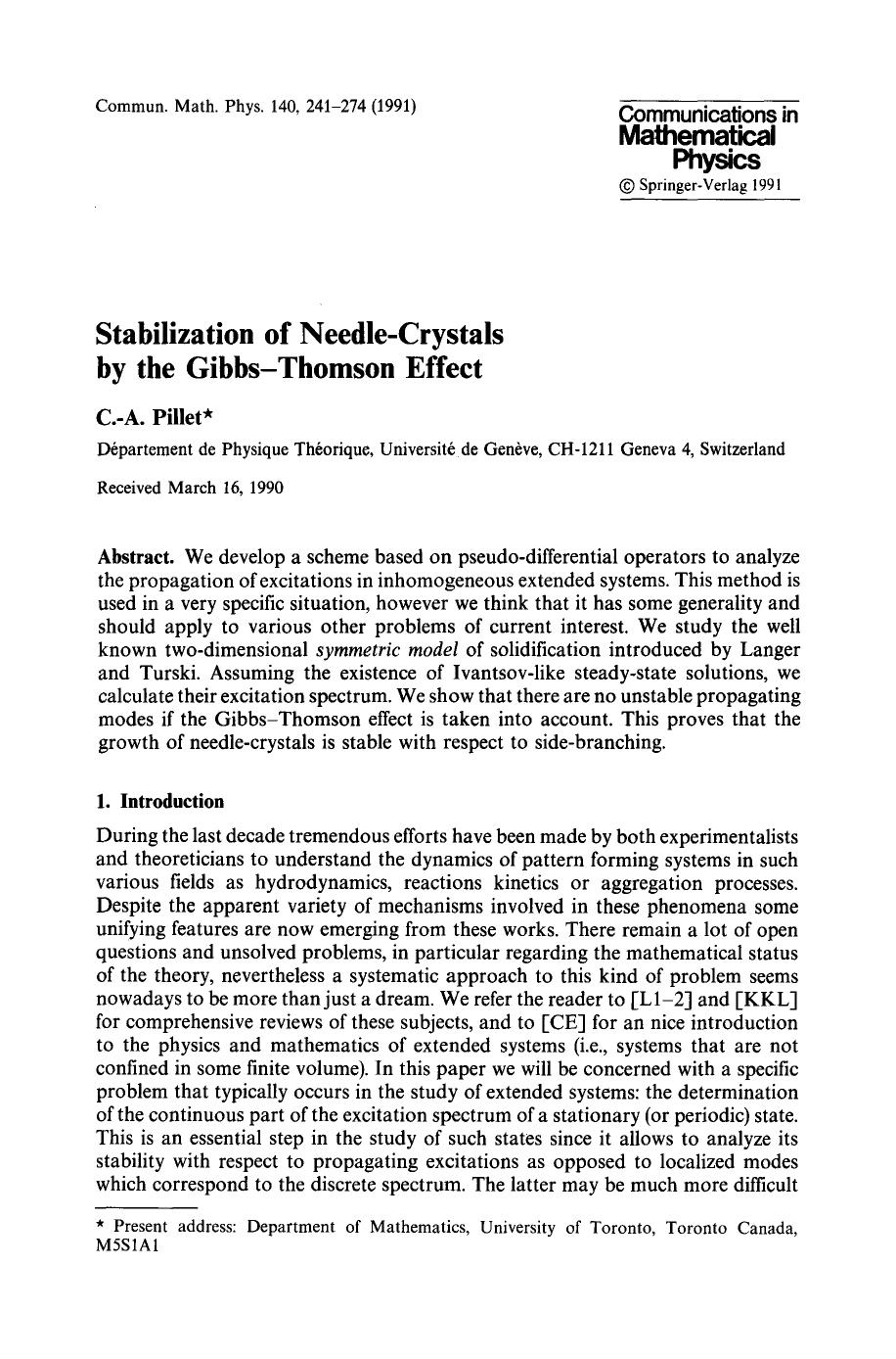 Stabilization of needle-crystals by the Gibbs-Thomson effect by Unknown