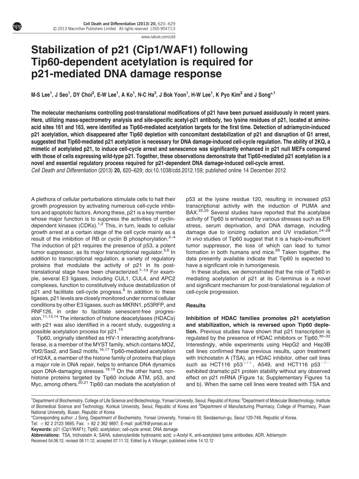 Stabilization of p21 (Cip1&sol;WAF1) following Tip60-dependent acetylation is required for p21-mediated DNA damage response by M-S Lee & J Seo & D Y Choi & E-W Lee & A Ko & N-C Ha & J Bok Yoon & H-W Lee & K Pyo Kim & J Song