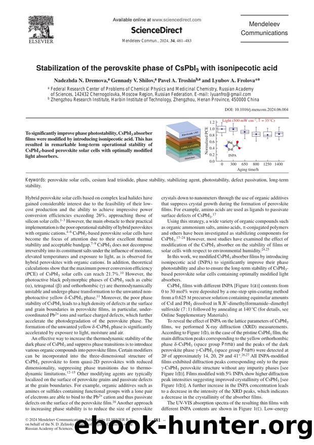Stabilization of the perovskite phase of CsPbI3 with isonipecotic acid by Nadezhda N. Dremova & Gennady V. Shilov & Pavel A. Troshin & Lyubov A. Frolova