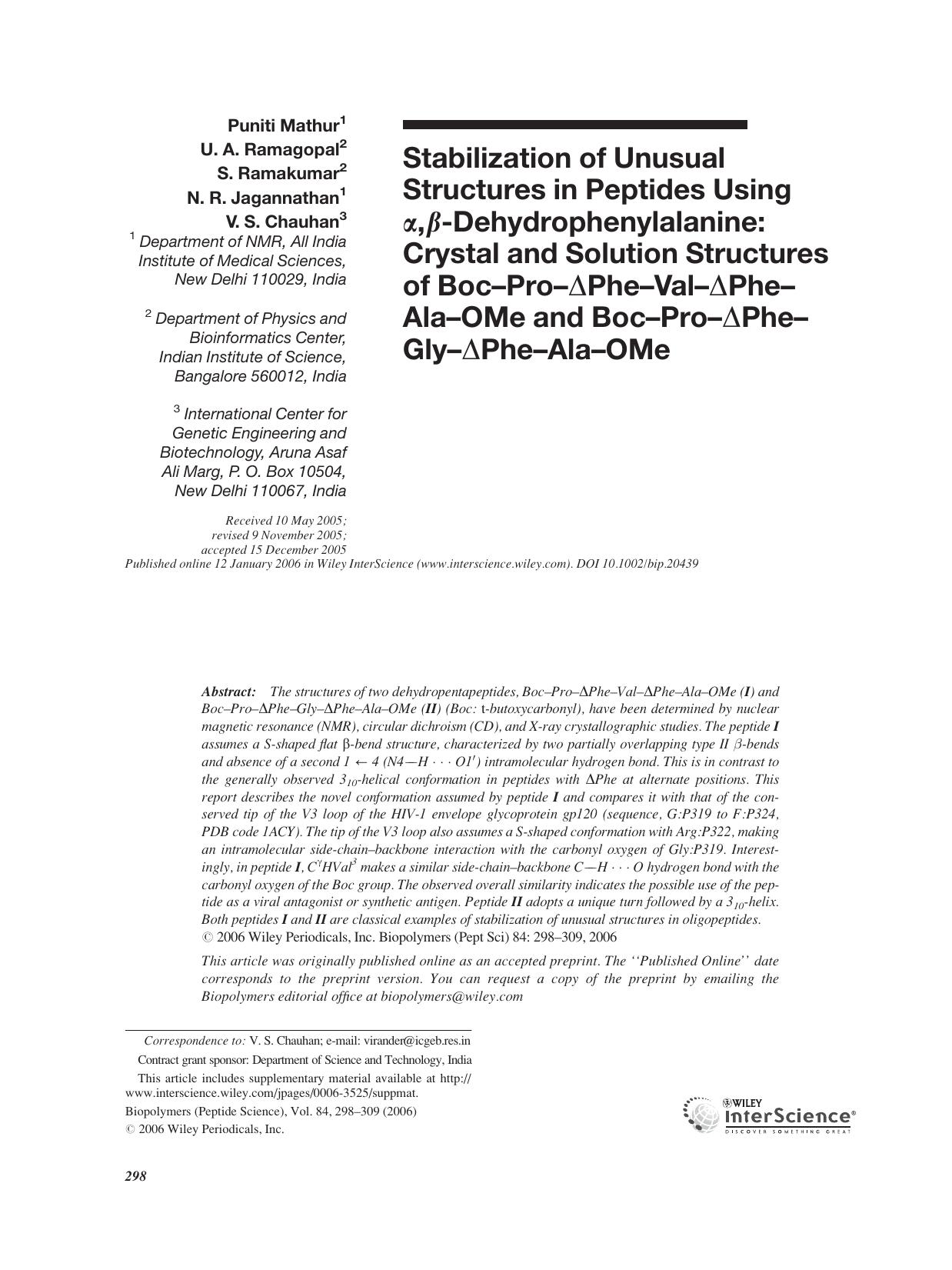 Stabilization of unusual structures in peptides using [alpha],[beta]-dehydrophenylalanine: Crystal and solution structures of Boc-Pro-[Delta]Phe-Val-[Delta]Phe-Ala-OMe and Boc-Pro- by Unknown