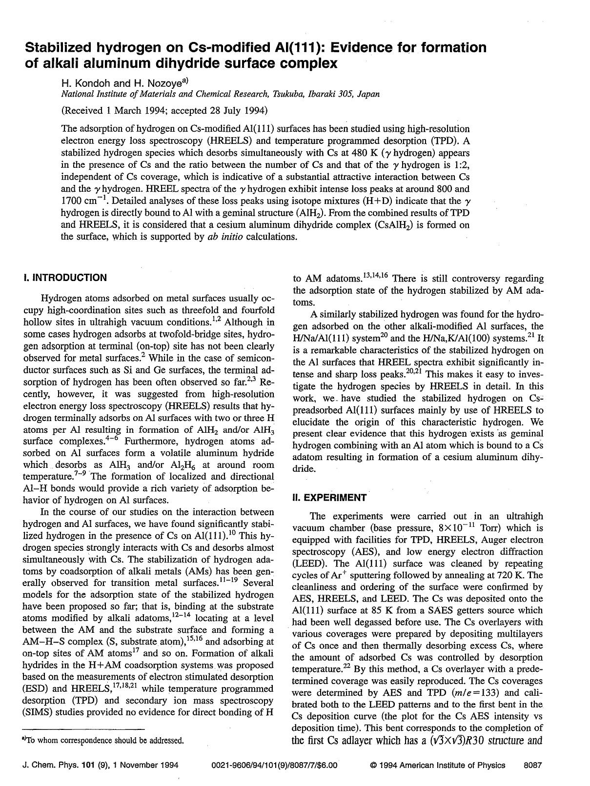 Stabilized hydrogen on Cs-modified Al(111): Evidence for formation of alkali aluminum dihydride surface complex by H. Kondoh; H. Nozoye