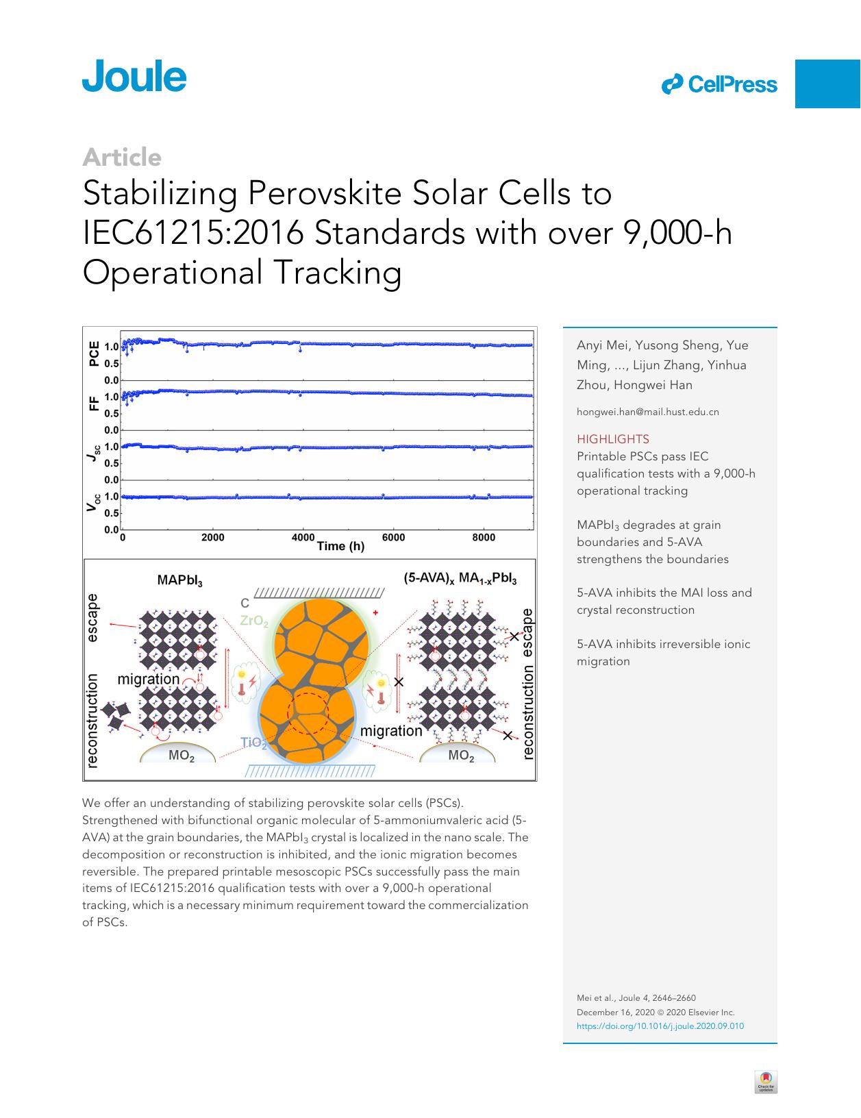 Stabilizing Perovskite Solar Cells to IEC61215:2016 Standards with over 9,000-h Operational Tracking by unknow