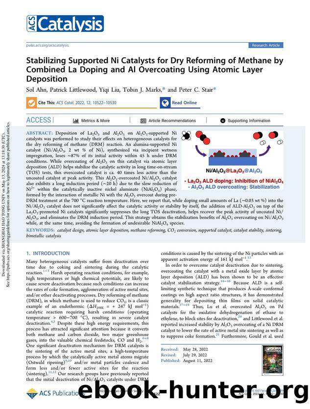 Stabilizing Supported Ni Catalysts for Dry Reforming of Methane by Combined La Doping and Al Overcoating Using Atomic Layer Deposition by Sol Ahn Patrick Littlewood Yiqi Liu Tobin J. Marks & Peter C. Stair