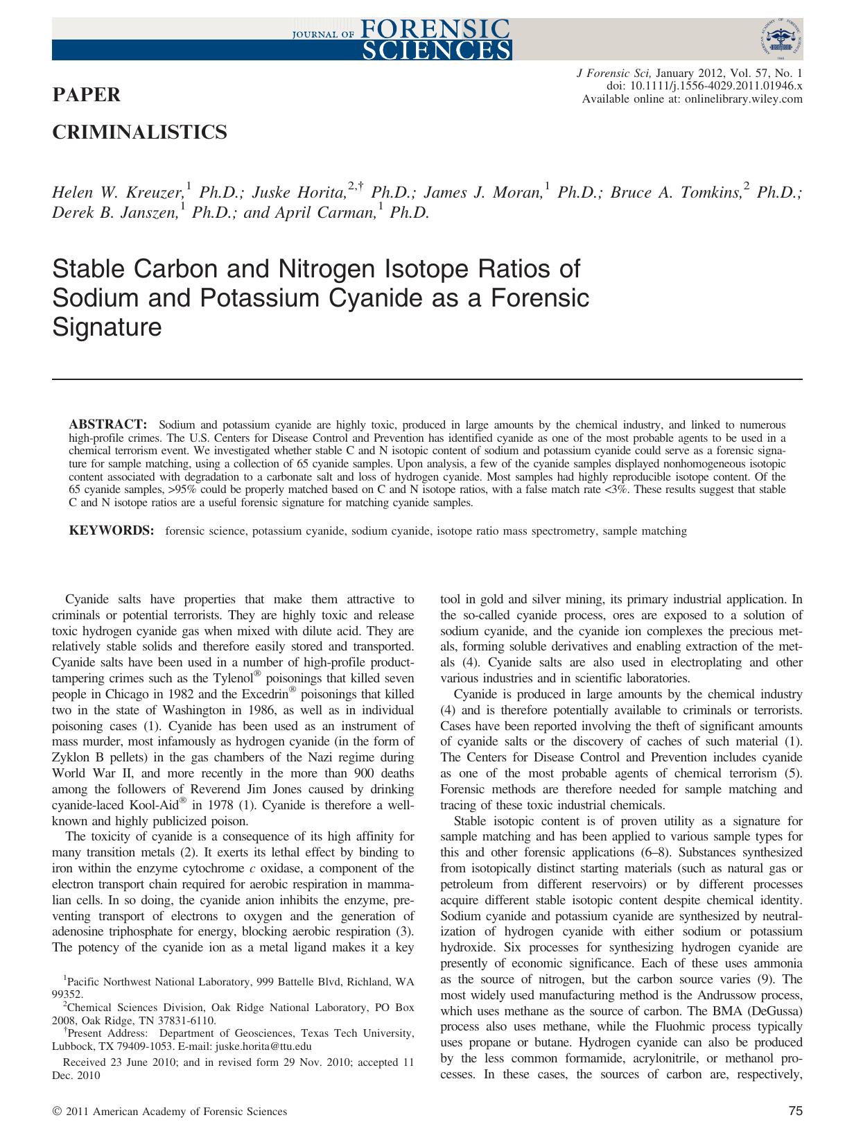 Stable Carbon and Nitrogen Isotope Ratios of Sodium and Potassium Cyanide as a Forensic Signature by Unknown