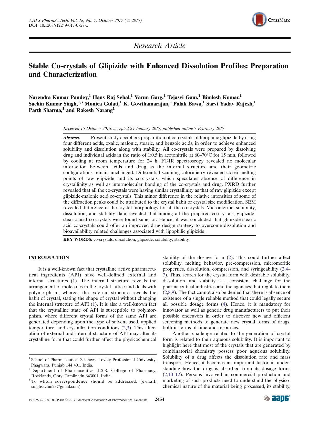 Stable Co-crystals of Glipizide with Enhanced Dissolution Profiles: Preparation and Characterization by unknow