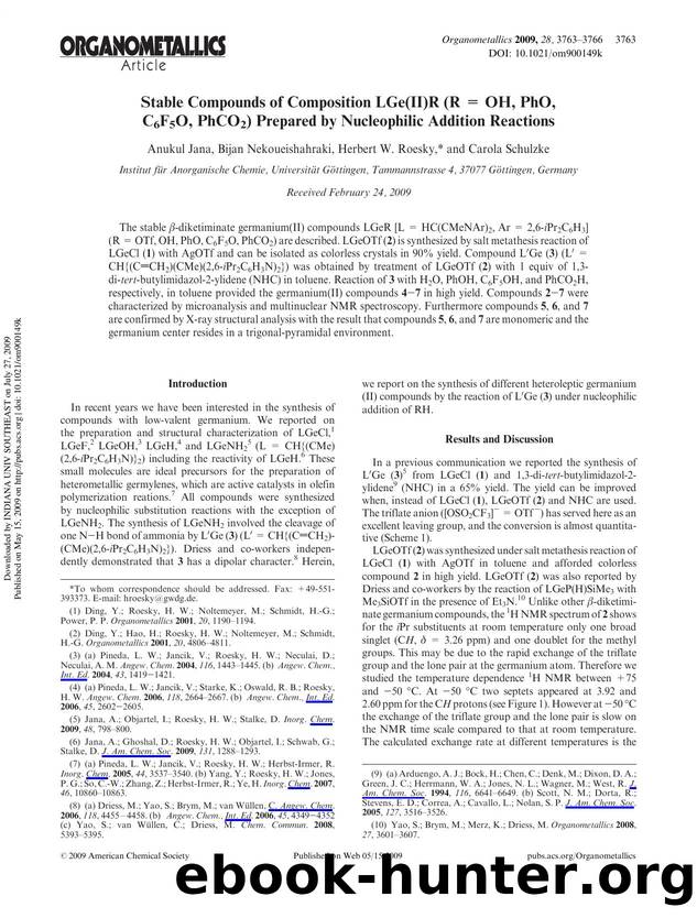 Stable Compounds of Composition LGe(II)R (R = OH, PhO, C6F5O, PhCO2) Prepared by Nucleophilic Addition Reactions by Anukul Jana Bijan Nekoueishahraki Herbert W. Roesky* & Carola Schulzke