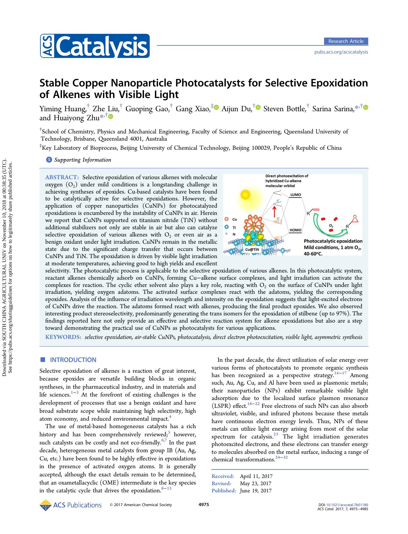 Stable Copper Nanoparticle Photocatalysts for Selective Epoxidation of Alkenes with Visible Light by Yiming Huang Zhe Liu Guoping Gao Gang Xiao Aijun Du Steven Bottle Sarina Sarina & Huaiyong Zhu