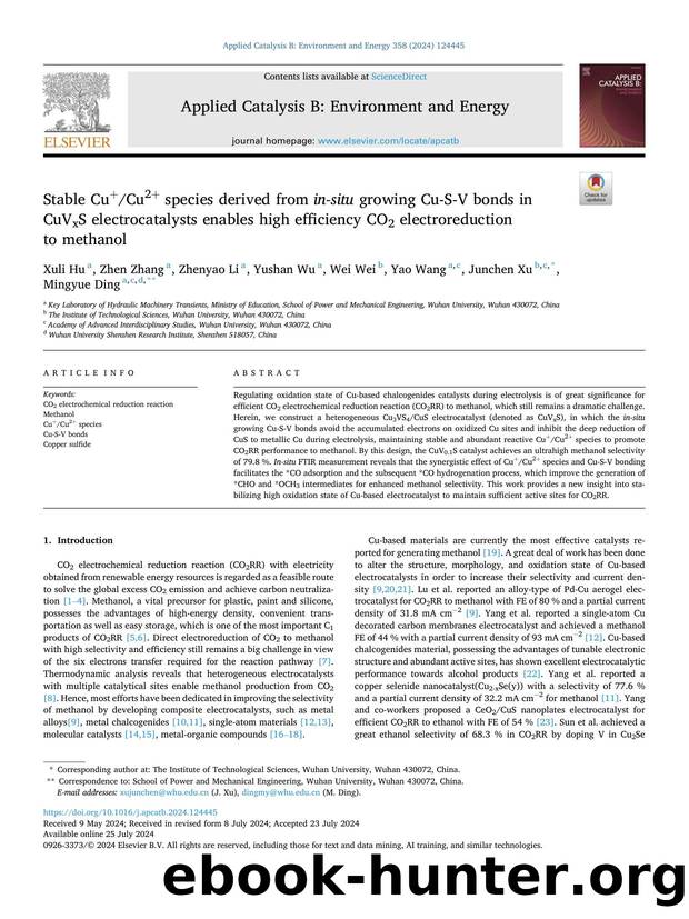 Stable Cu+Cu2+ species derived from in-situ growing Cu-S-V bonds in CuVxS electrocatalysts enables high efficiency CO2 electroreduction to methanol by Xuli Hu & Zhen Zhang & Zhenyao Li & Yushan Wu & Wei Wei & Yao Wang & Junchen Xu & Mingyue Ding