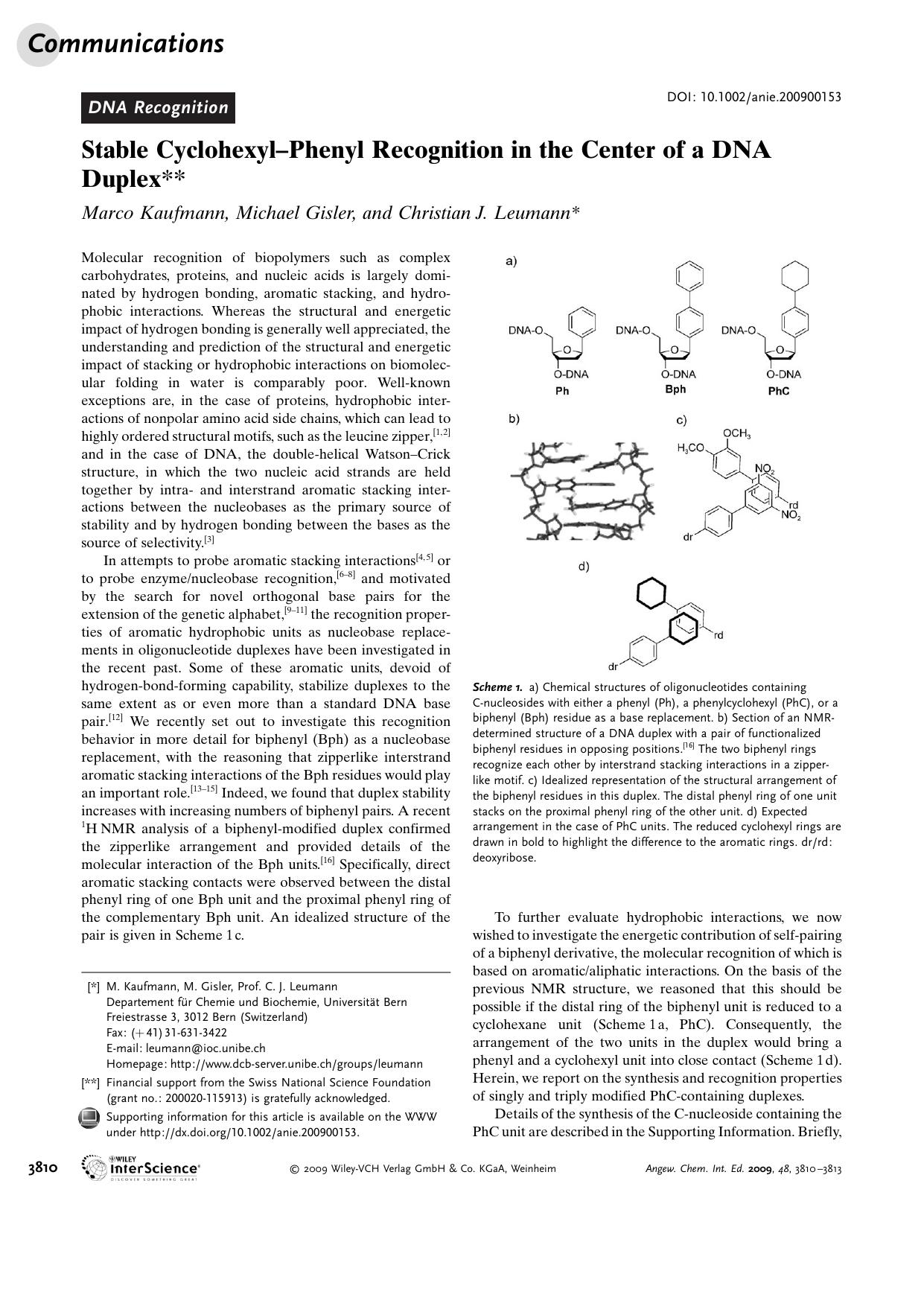 Stable Cyclohexyl-Phenyl Recognition in the Center of a DNA Duplex by Unknown