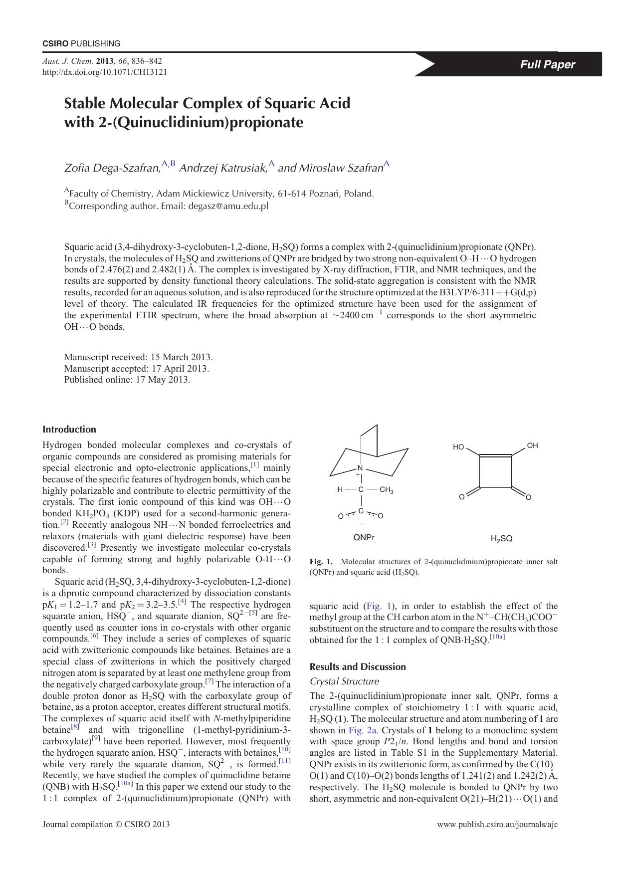 Stable Molecular Complex of Squaric Acid with 2-(Quinuclidinium)propionate by Z. Dega-Szafran & A. Katrusiak & and M. Szafran