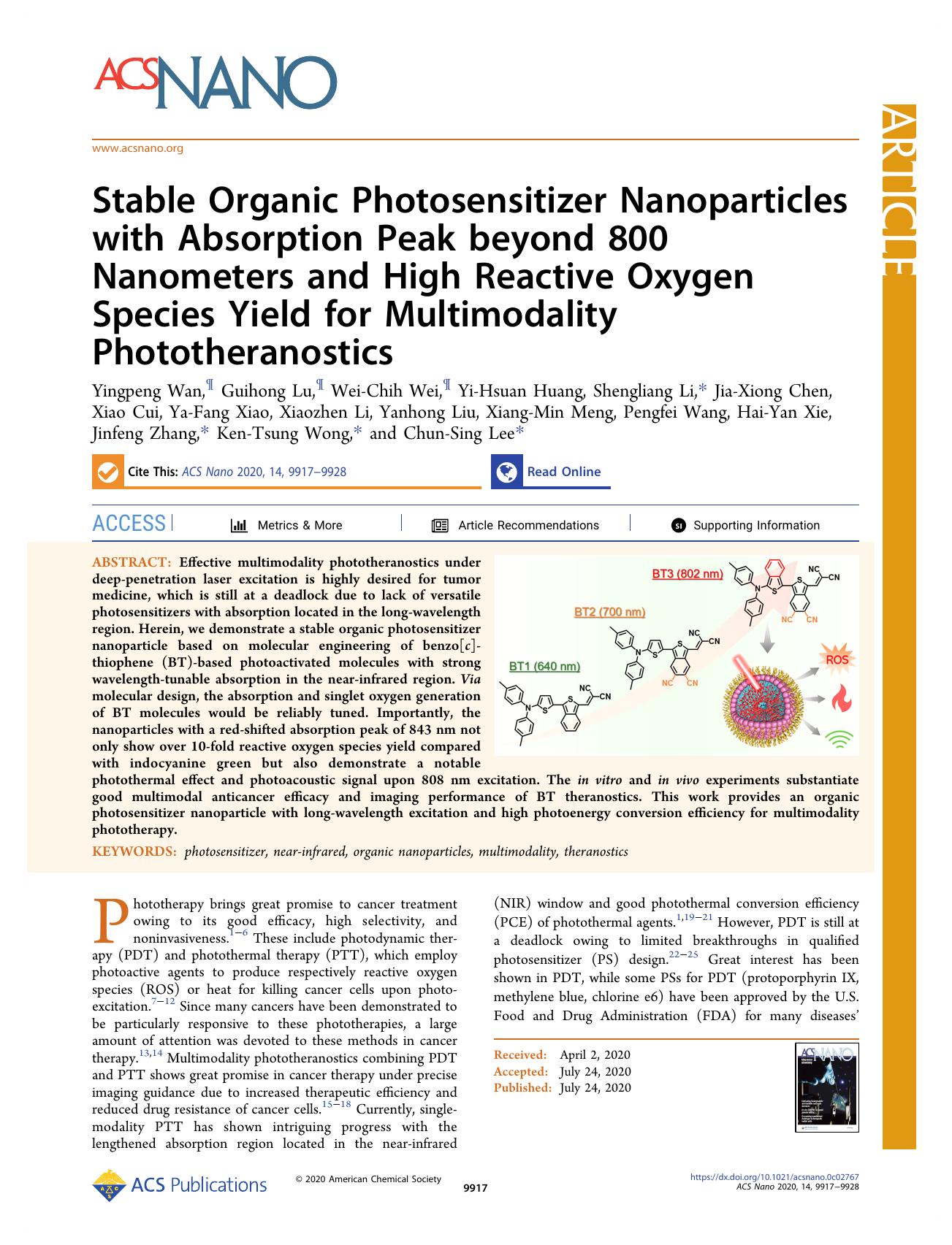 Stable Organic Photosensitizer Nanoparticles with Absorption Peak beyond 800 Nanometers and High Reactive Oxygen Species Yield for Multimodality Phototheranostics by unknow
