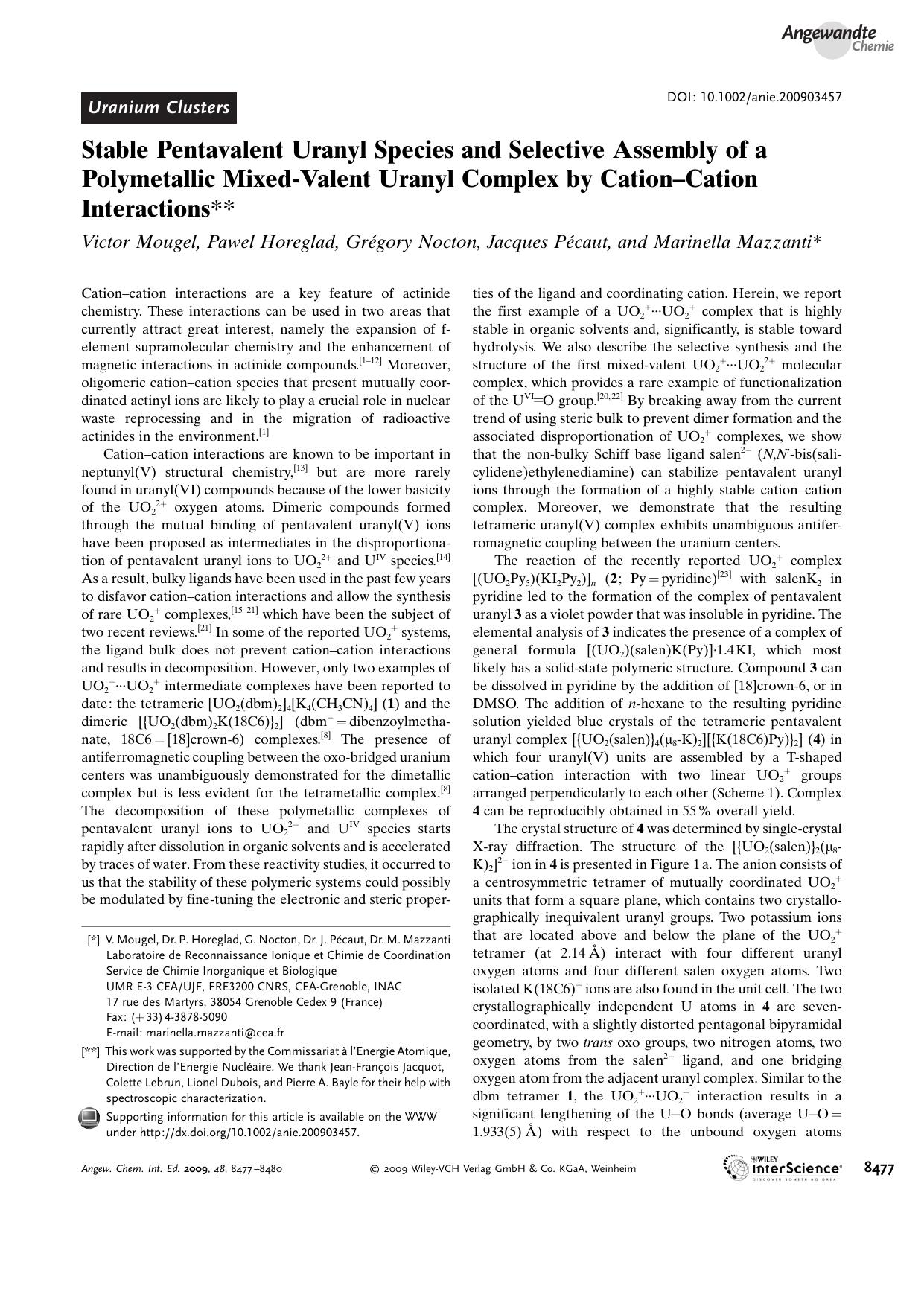 Stable Pentavalent Uranyl Species and Selective Assembly of a Polymetallic Mixed-Valent Uranyl Complex by Cation-Cation Interactions by Unknown