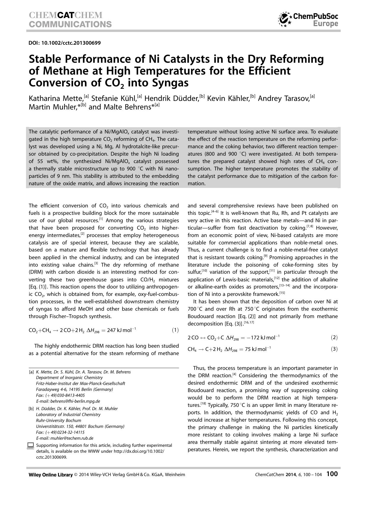 Stable Performance of Ni Catalysts in the Dry Reforming of Methane at High Temperatures for the Efficient Conversion of CO2 into Syngas by Unknown