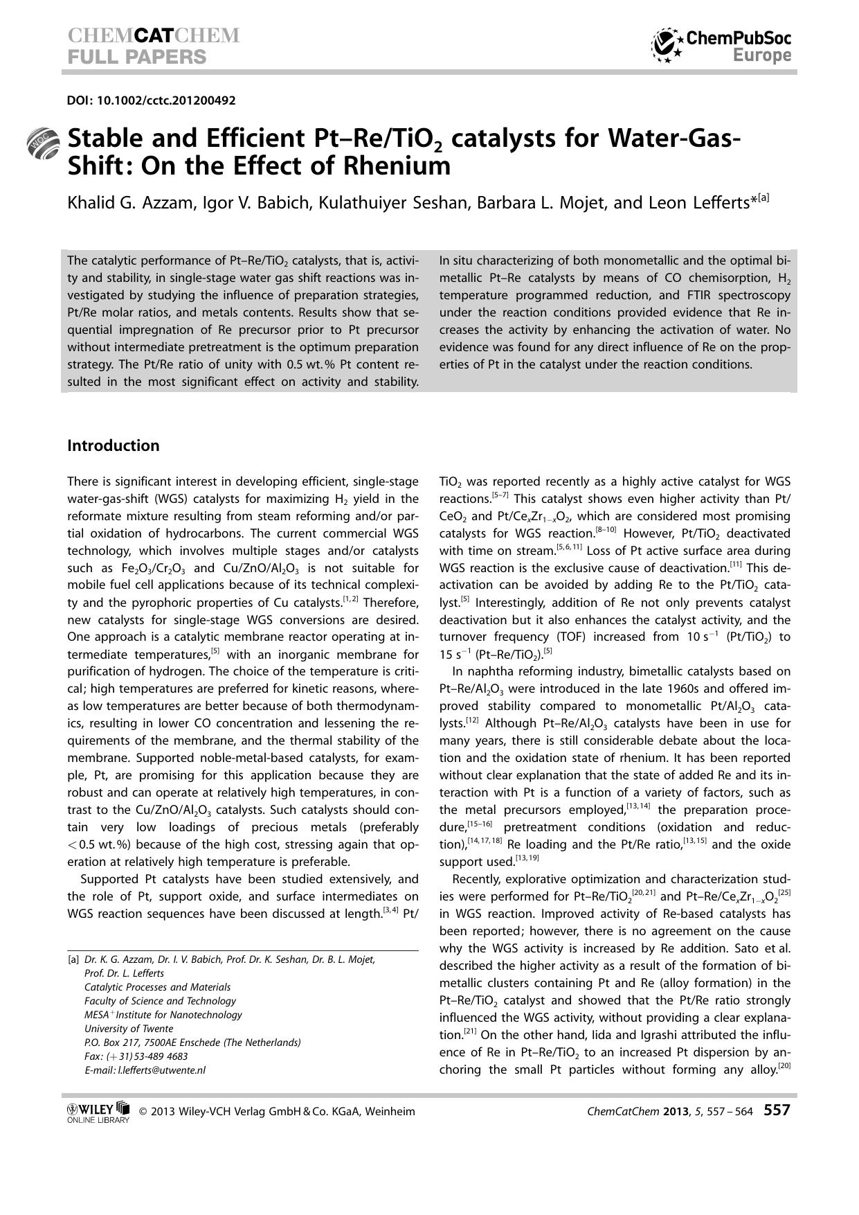 Stable and Efficient PtReTiO2 catalysts for WaterGasShift: On the Effect of Rhenium by Unknown