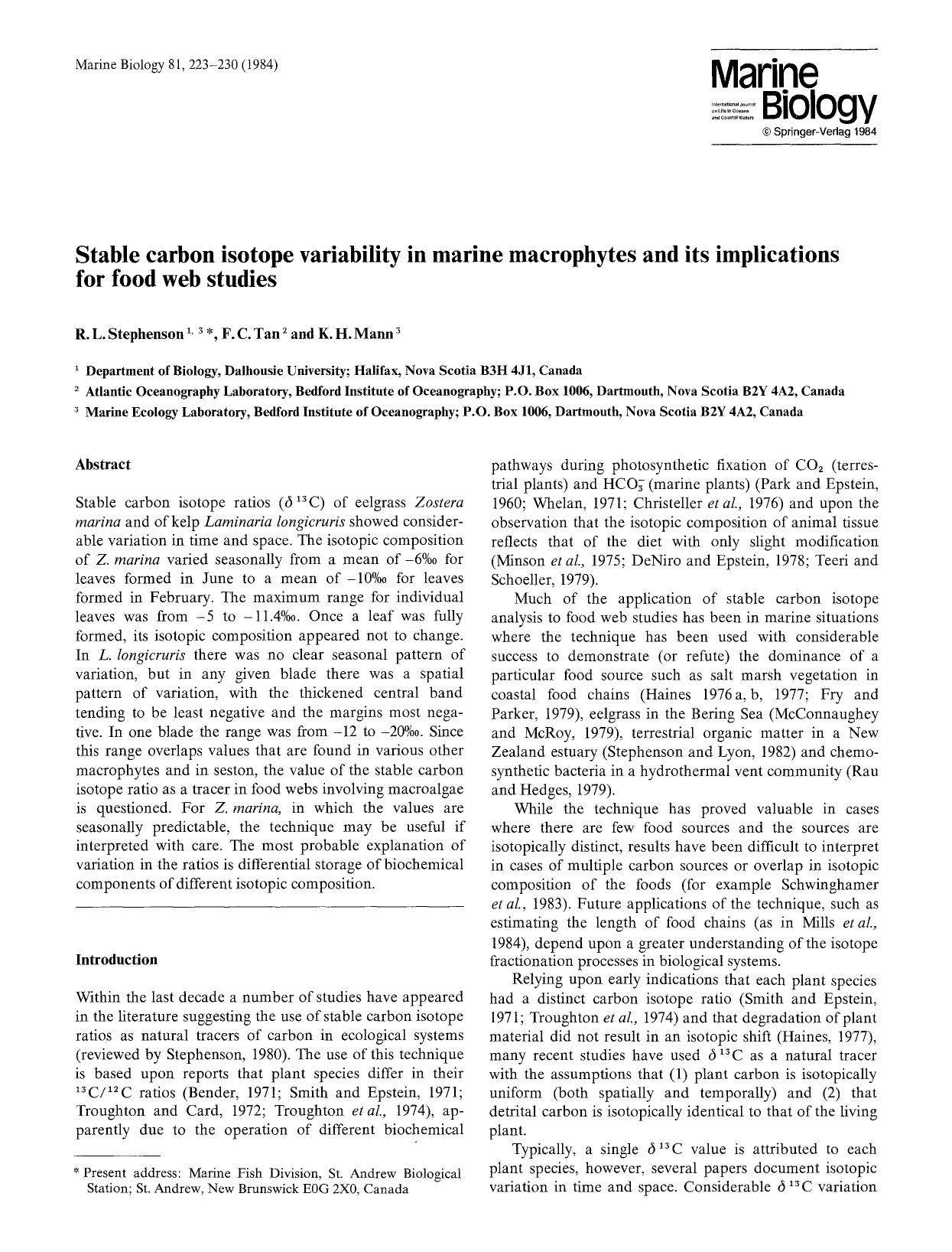 Stable carbon isotope variability in marine macrophytes and its implications for food web studies by Unknown
