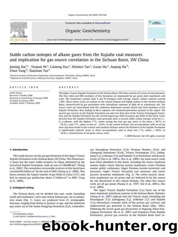 Stable carbon isotopes of alkane gases from the Xujiahe coal measures and implication for gas-source correlation in the Sichuan Basin, SW China by Jinxing Dai; Yunyan Ni; Caineng Zou; Shizhen Tao; Guoyi Hu; Anping Hu; Chun Yang; Xiaowan Tao