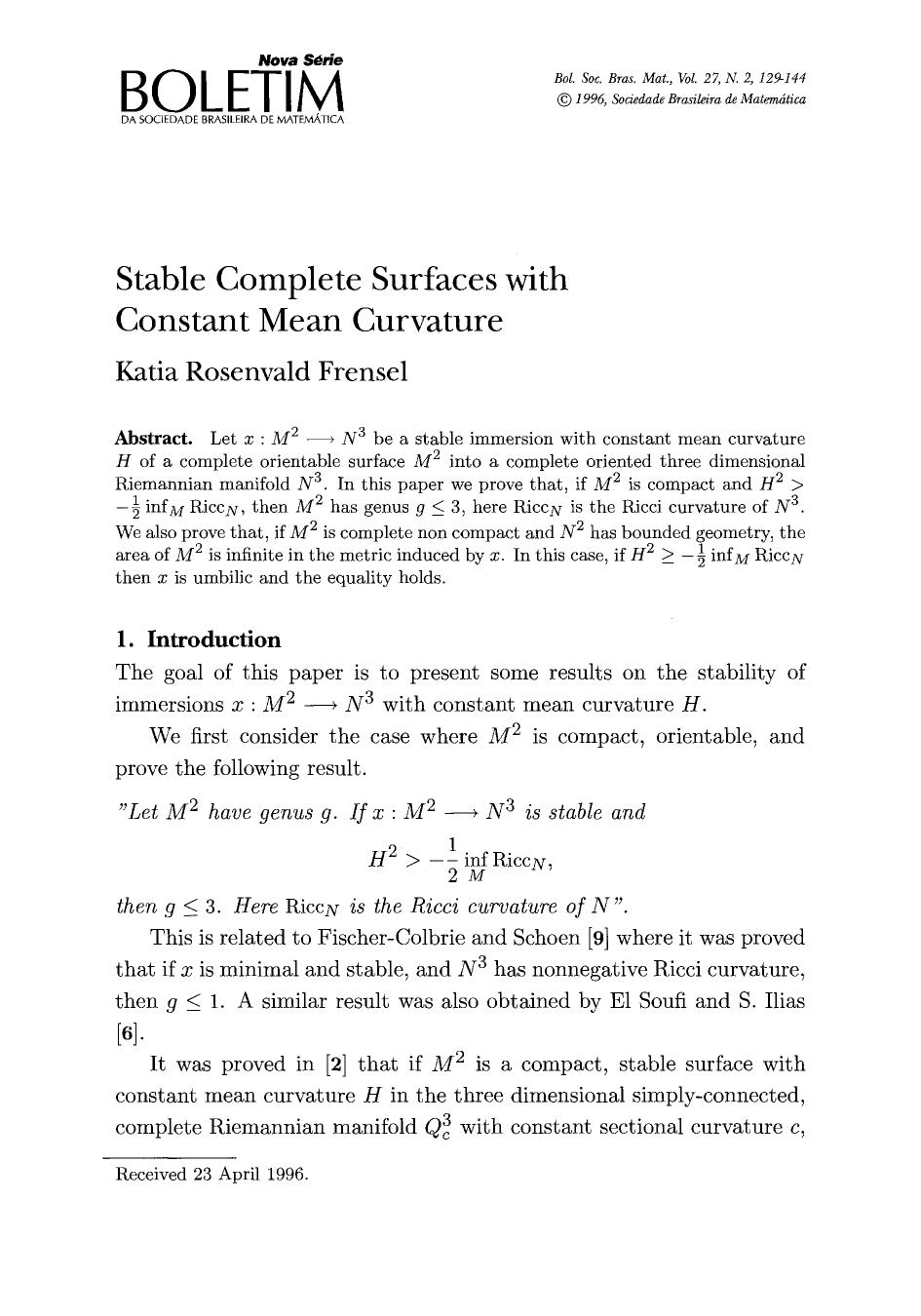 Stable complete surfaces with constant mean curvature by Unknown