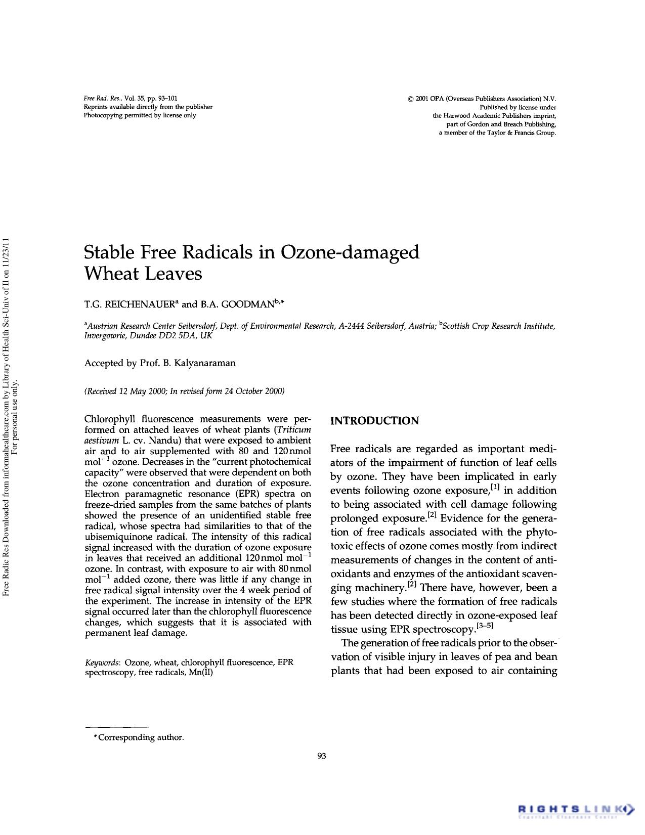 Stable free radicals in ozone-damaged wheat leaves by T.G. Reichenauer & B.A. Goodman