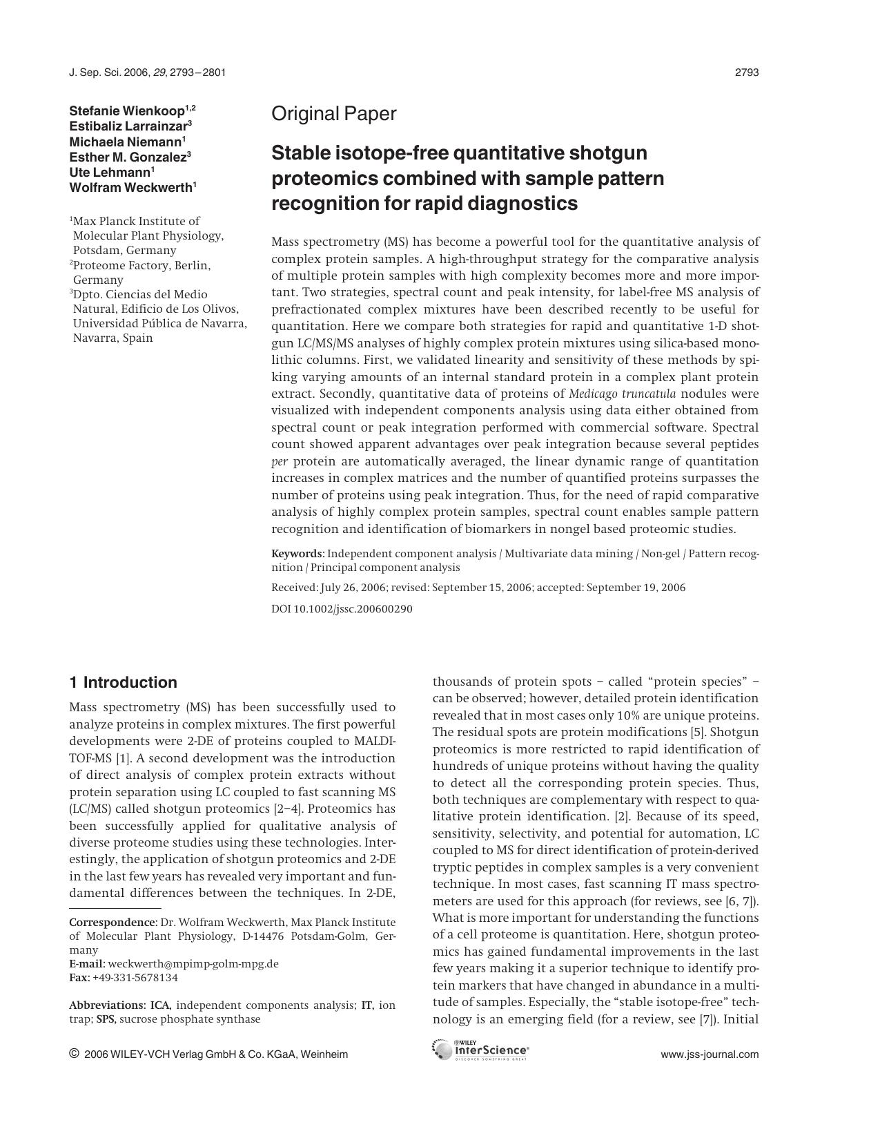 Stable isotope-free quantitative shotgun proteomics combined with sample pattern recognition for rapid diagnostics by Unknown