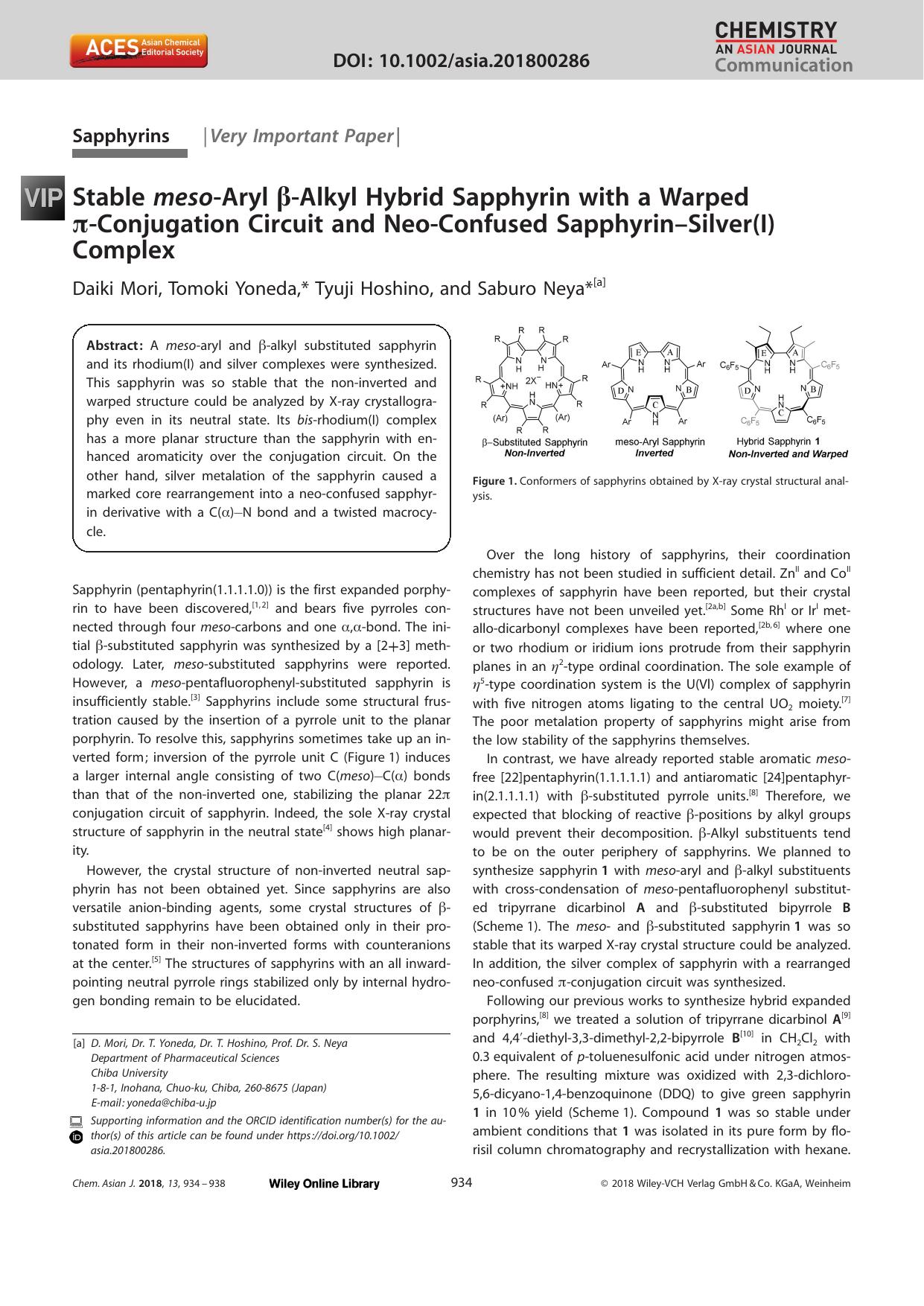 Stable mesoâAryl Î²âAlkyl Hybrid Sapphyrin with a Warped ÏâConjugation Circuit and NeoâConfused SapphyrinâSilver(I) Complex by Unknown