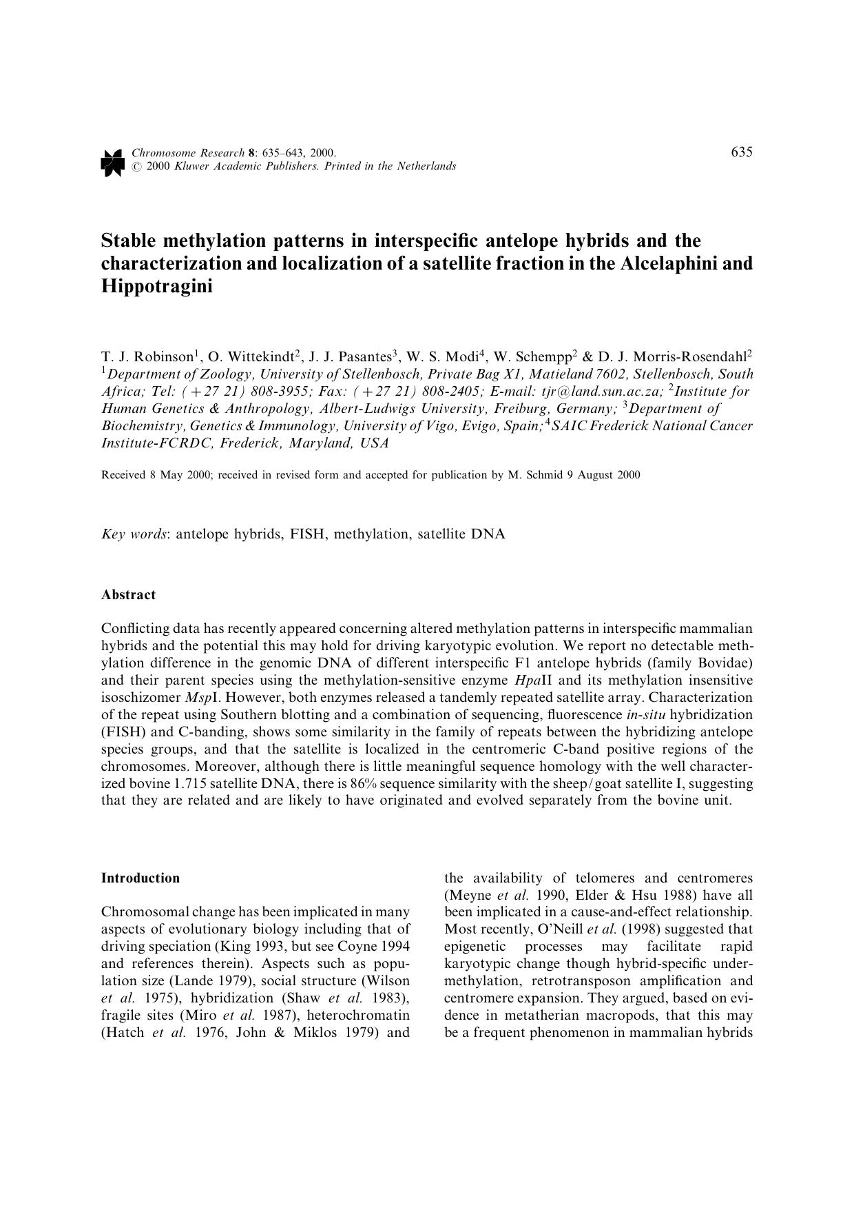 Stable methylation patterns in interspecific antelope hybrids and the characterization and localization of a satellite fraction in the Alcelaphini and Hippotragini by Unknown