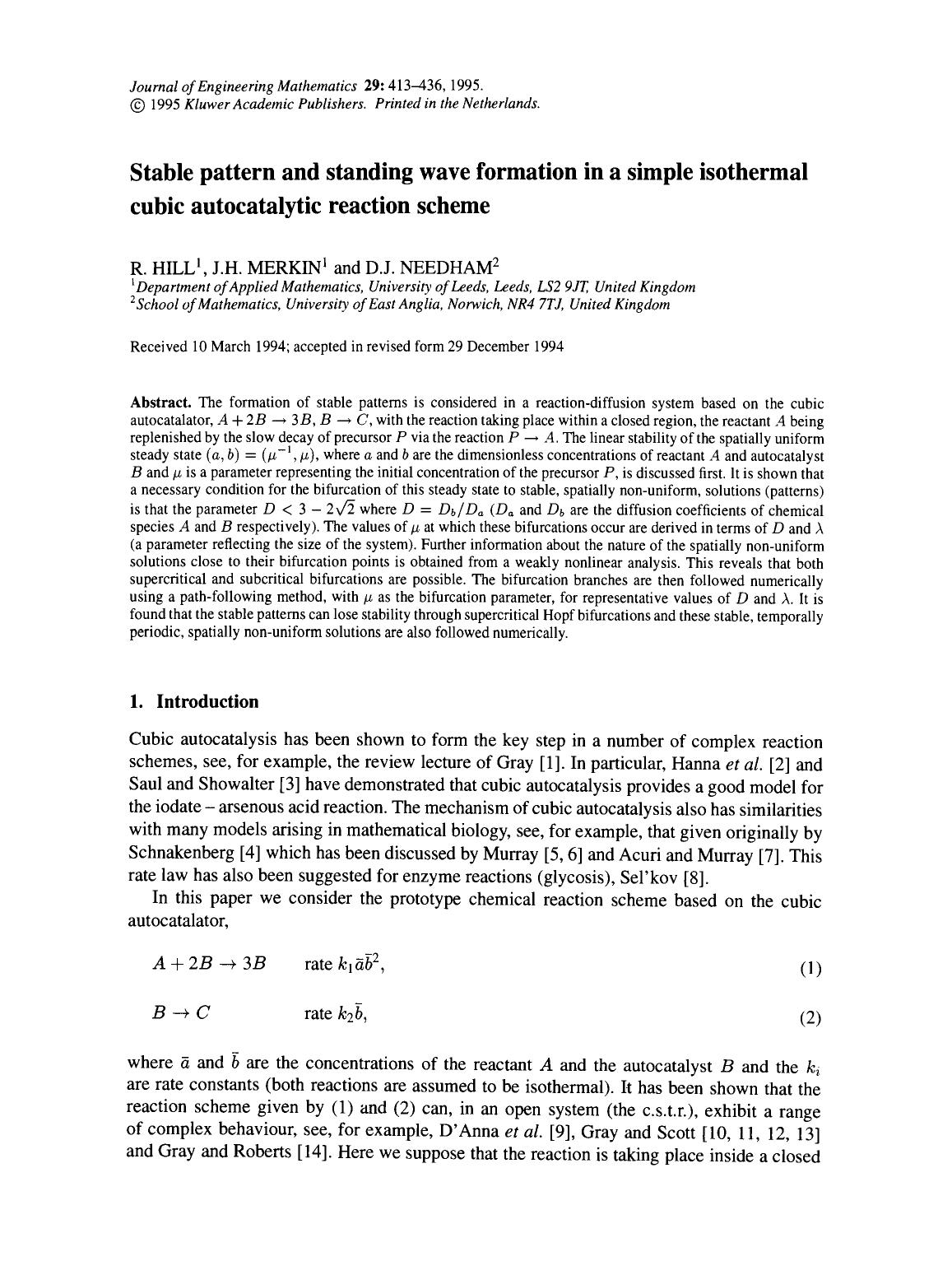 Stable pattern and standing wave formation in a simple isothermal cubic autocatalytic reaction scheme by Unknown