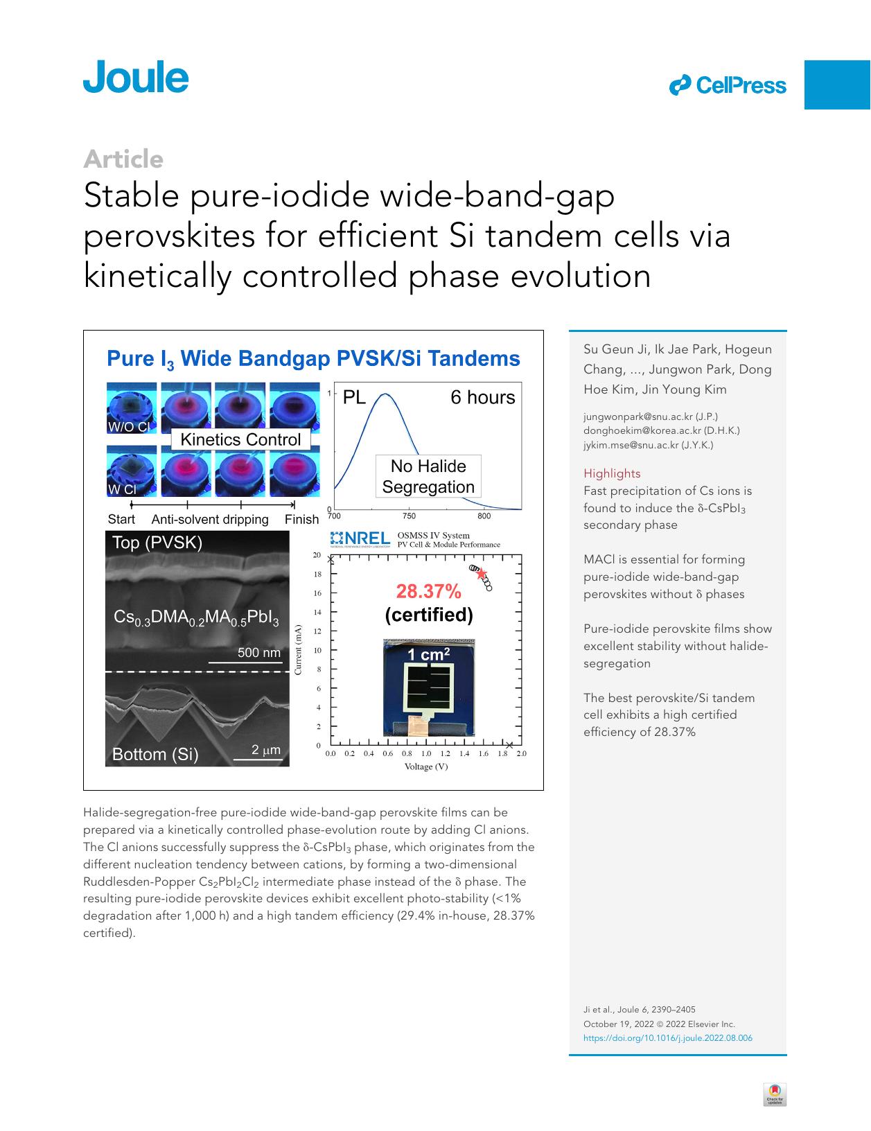 Stable pure-iodide wide-band-gap perovskites for efficient Si tandem cells via kinetically controlled phase evolution by Su Geun Ji
