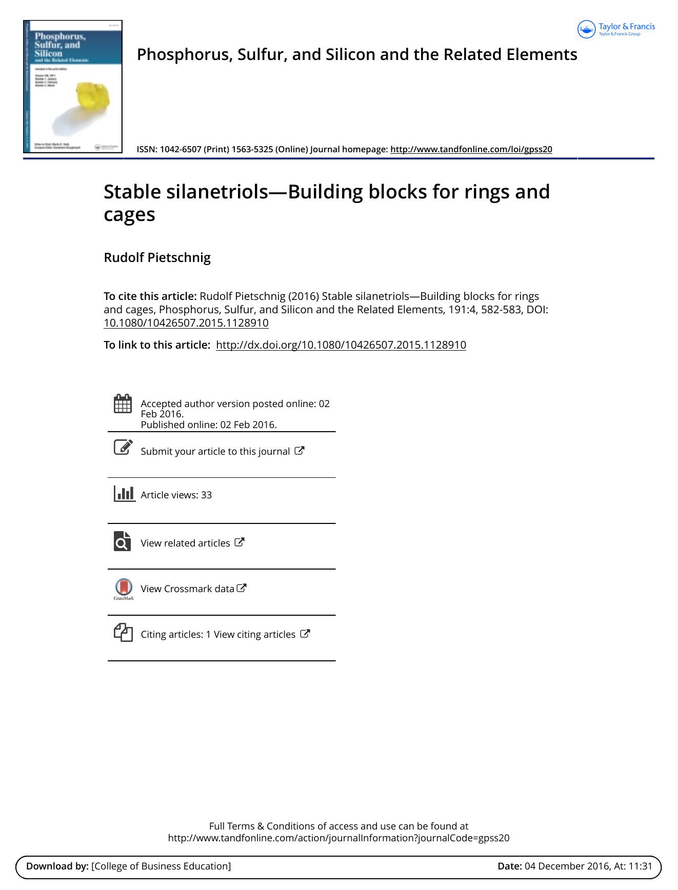 Stable silanetriols---Building blocks for rings and cages by Rudolf Pietschnig