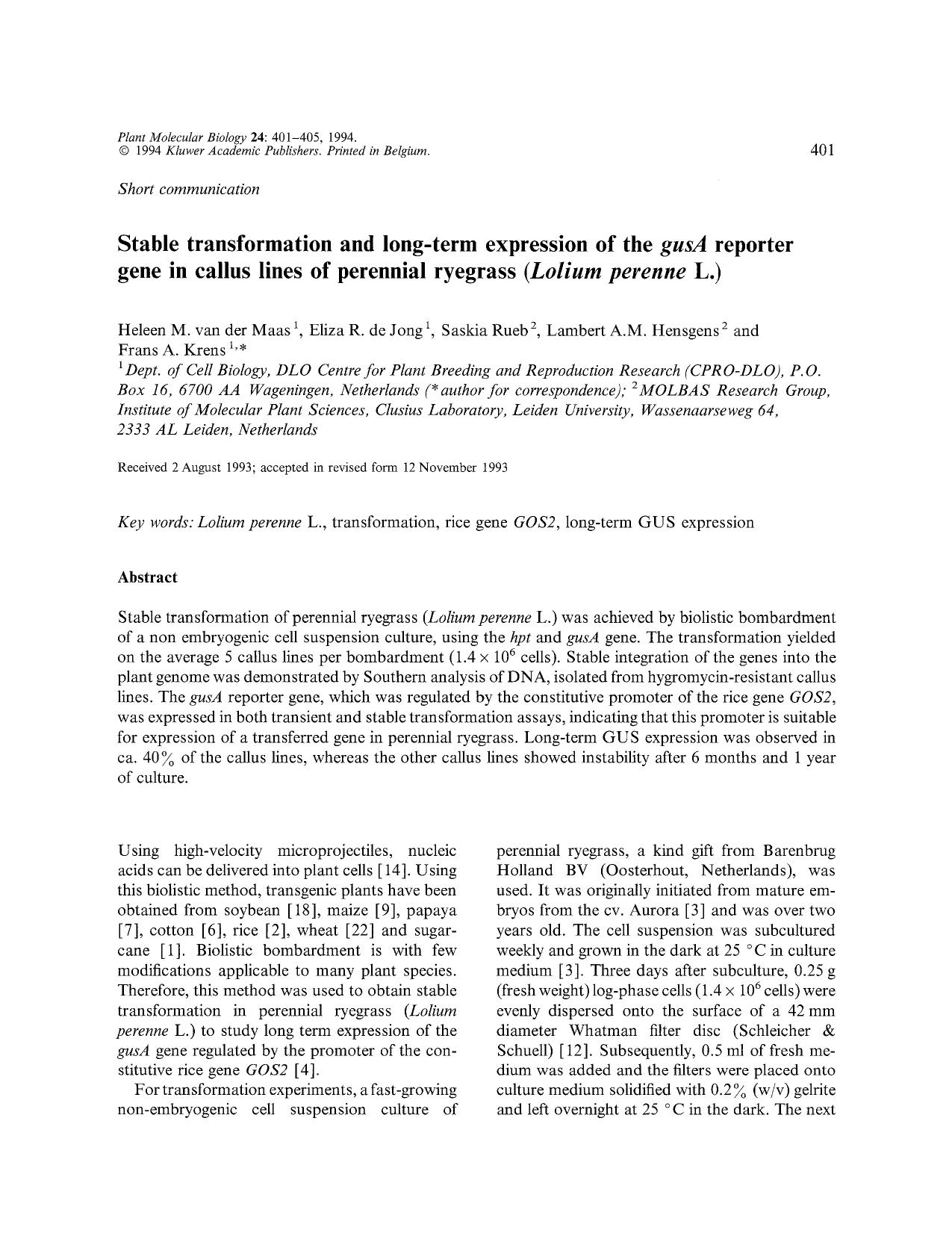 Stable transformation and long-term expression of the <Emphasis Type="Italic">gusA <Emphasis> reporter gene in callus lines of perennial ryegrass ( <Emphasis Type="Italic">Lolium by Unknown