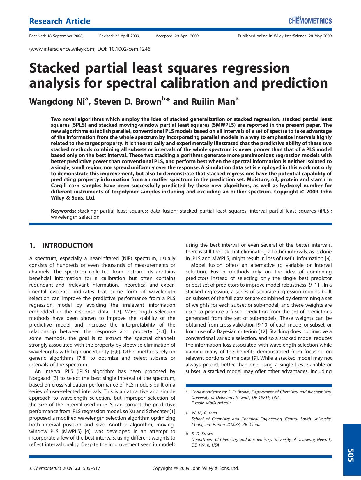 Stacked partial least squares regression analysis for spectral calibration and prediction by Unknown