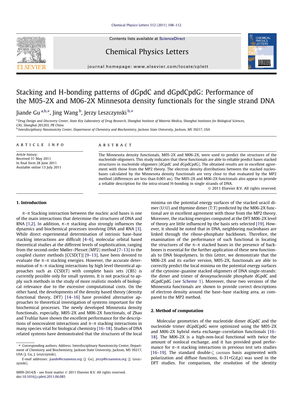 Stacking and H-bonding patterns of dGpdC and dGpdCpdG: Performance of the M05-2X and M06-2X Minnesota density functionals for the single strand DNA by Jiande Gu & Jing Wang & Jerzy Leszczynski