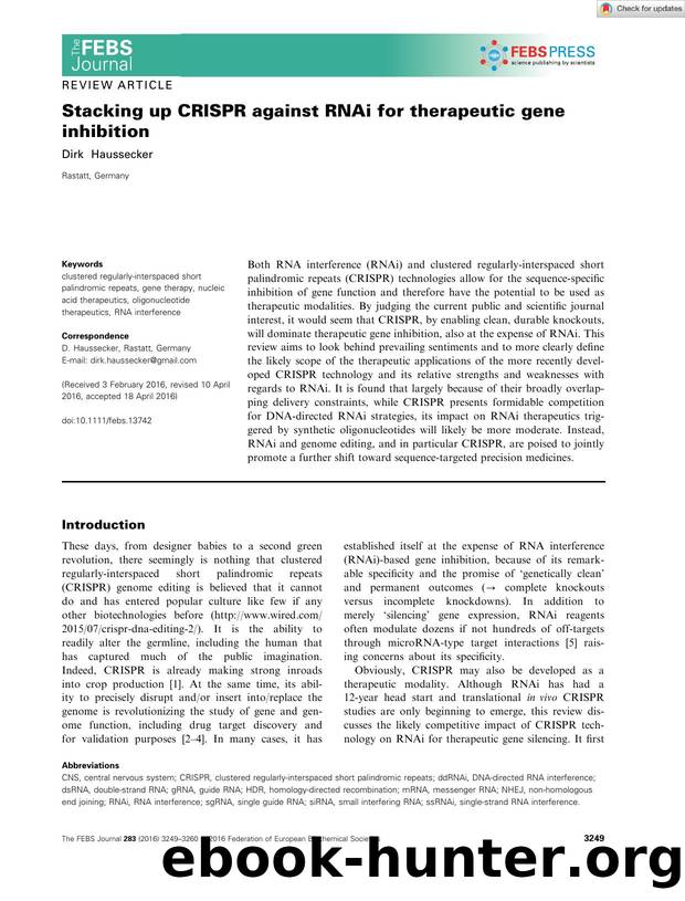 Stacking up CRISPR against RNAi for therapeutic gene inhibition by Unknown