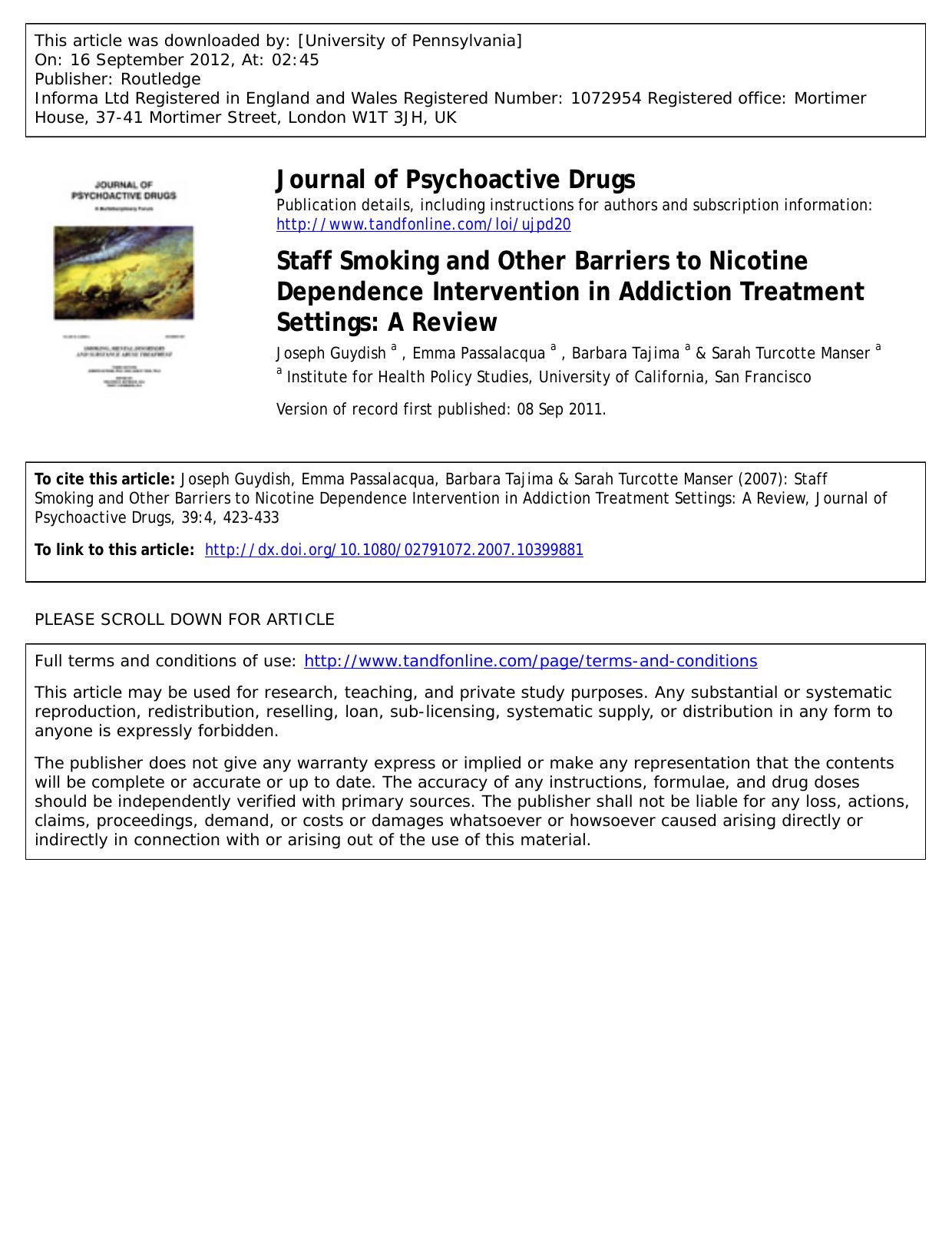 Staff Smoking and Other Barriers to Nicotine Dependence Intervention in Addiction Treatment Settings: A Review by unknow