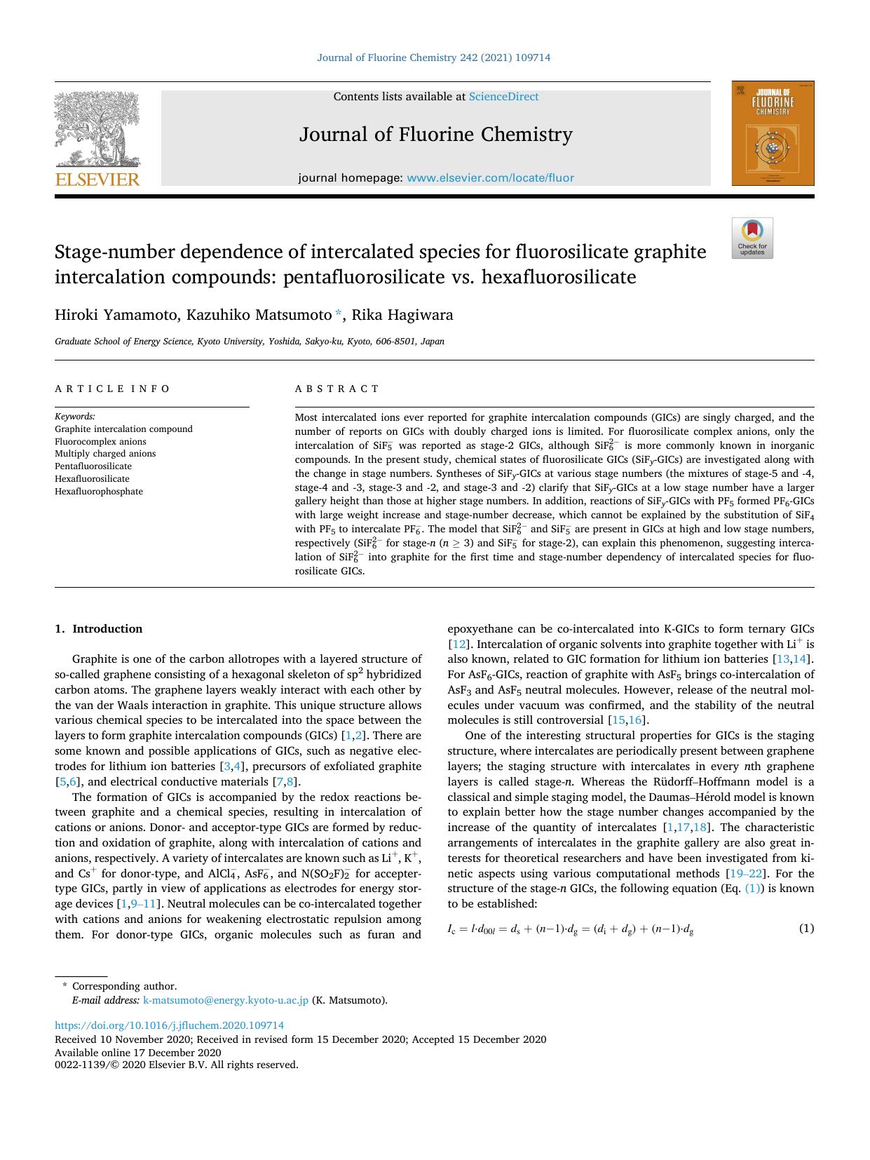 Stage-number dependence of intercalated species for fluorosilicate graphite intercalation compounds: pentafluorosilicate vs. hexafluorosilicate by Hiroki Yamamoto & Kazuhiko Matsumoto & Rika Hagiwara