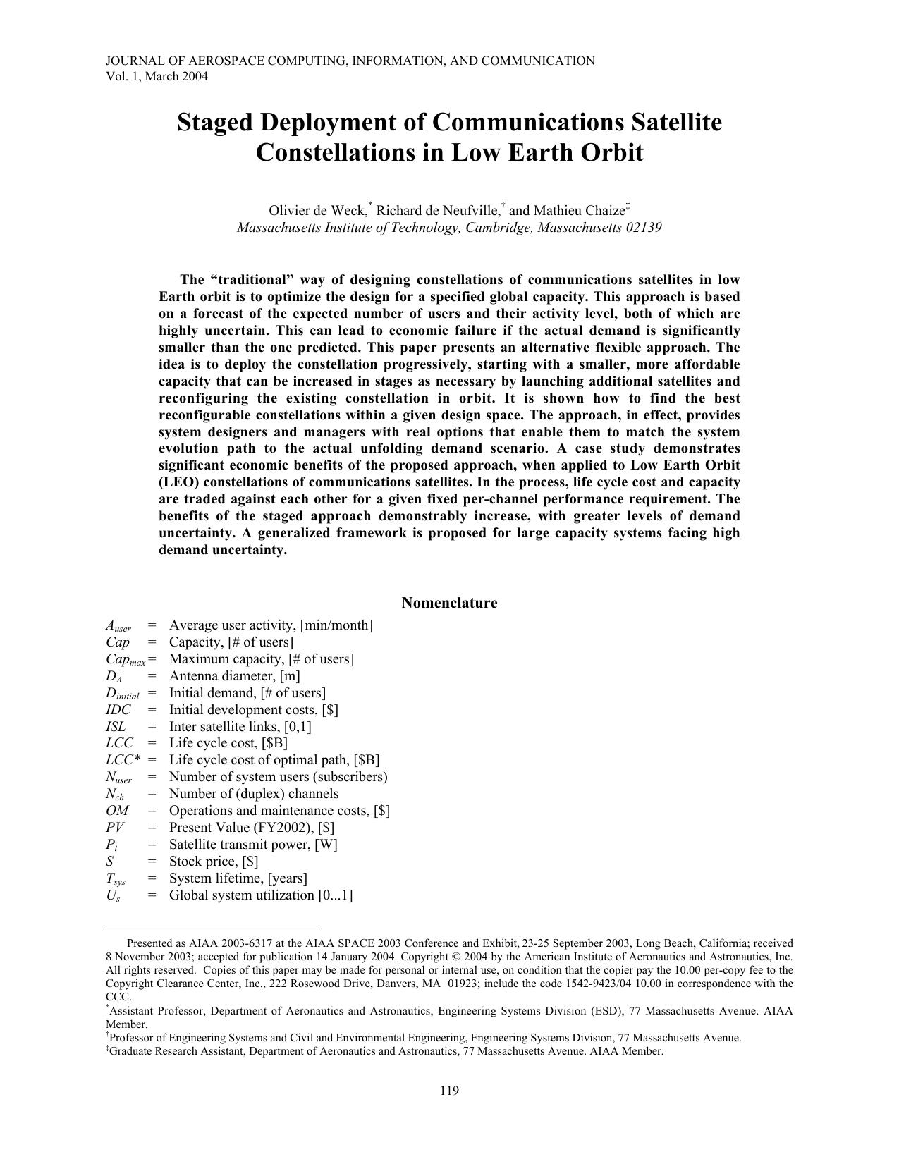 Staged Deployment of Communications Satellite Constellations in Low Earth Orbit by Unknown