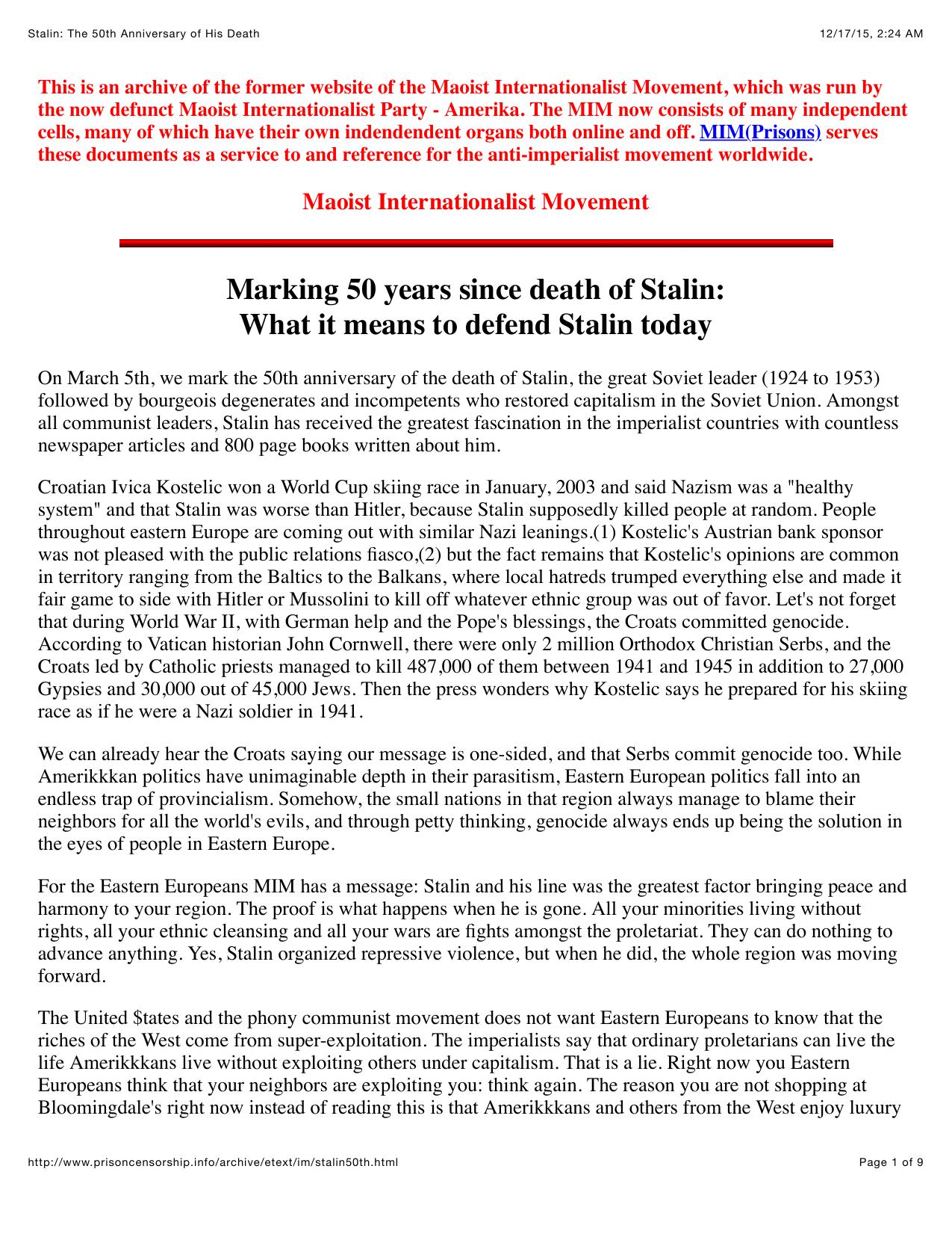 Stalin: The 50th Anniversary of His Death by Why Defend Stalin Today