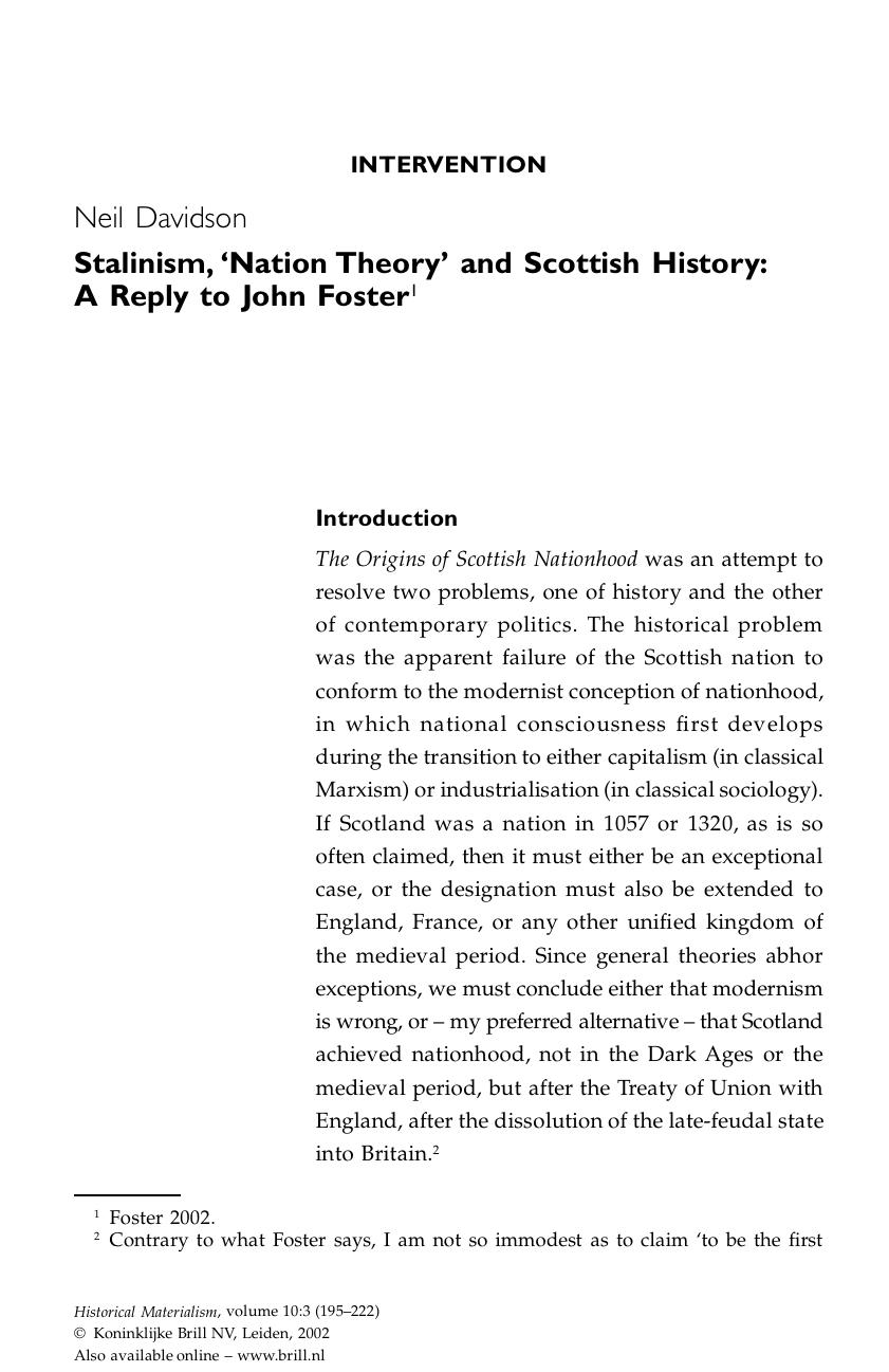 Stalinism, 'Nation Theory' and Scottish History: A Reply to John Foster by Stalinism 'Nation Theory' & Scottish History. A Reply to John Foster